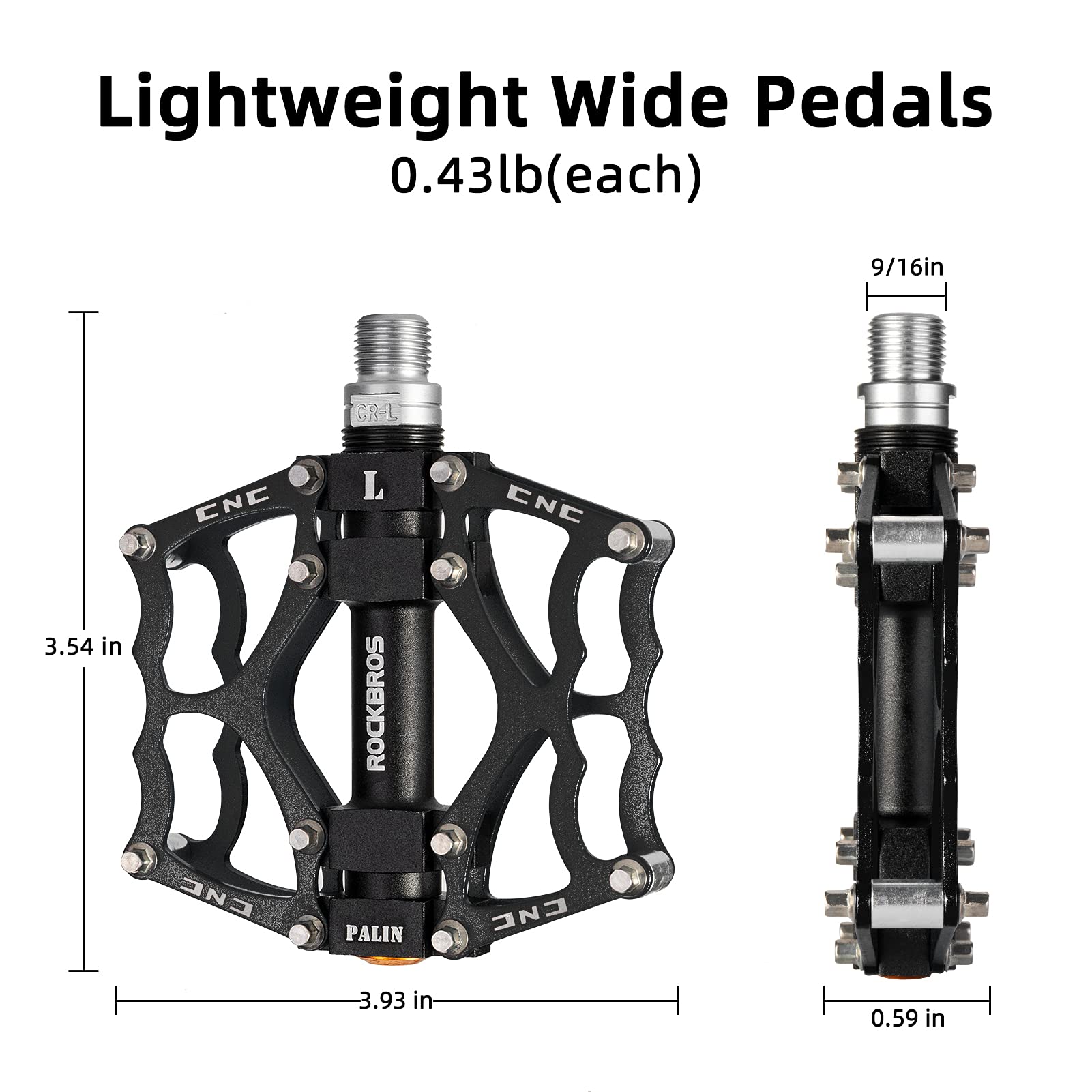 ROCKBROS Mountain Bike Pedals MTB Pedals CNC Non-Slip Lightweight Aluminum Alloy Bicycle Pedals Sealed Bearings Bicycle Platform Pedals 9/16" BMX Road Bike Pedal