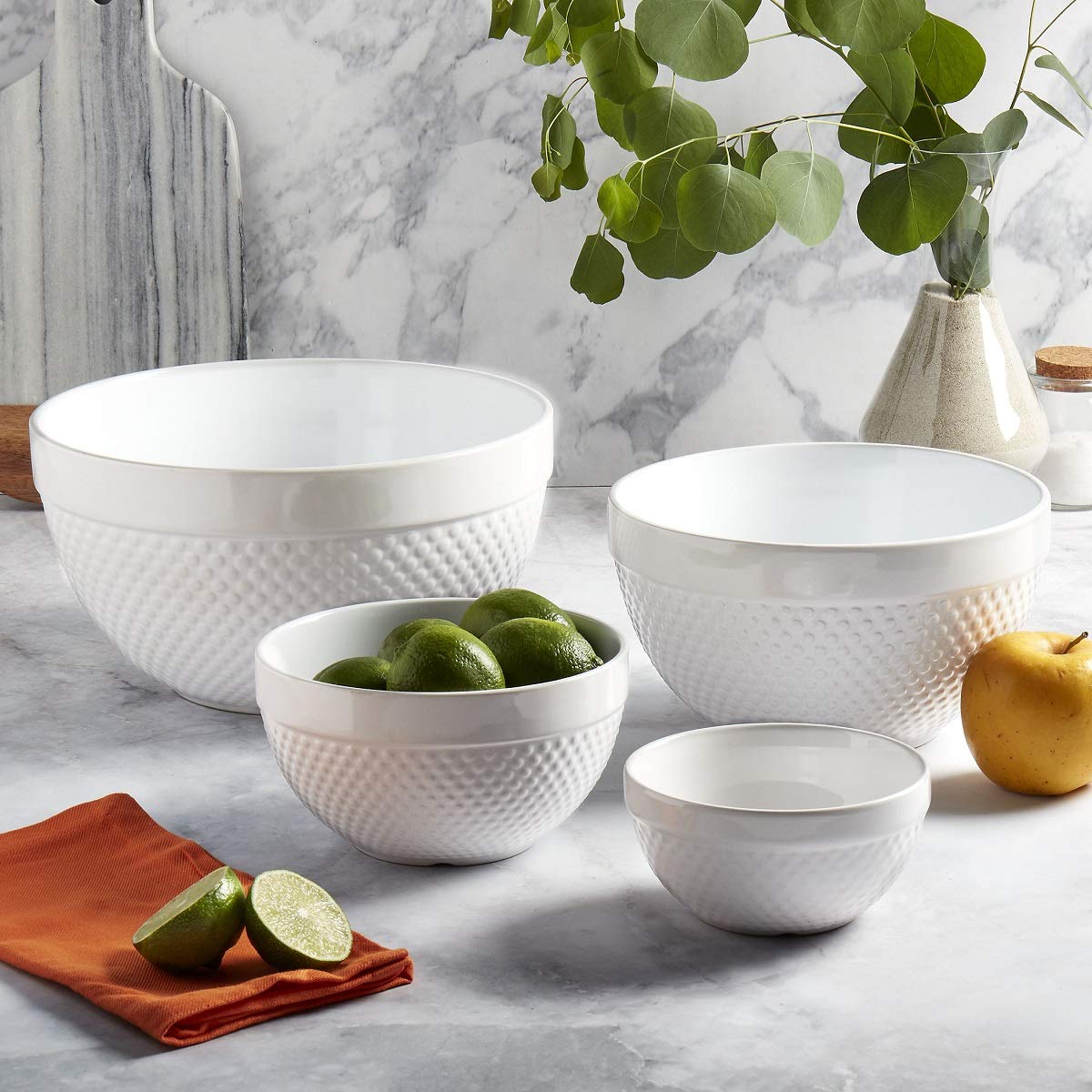 TTU Tabletops Gallery Hobnail Style 4 Piece Timeless Grey Stoneware Nesting Mixing Bowl Set for Baking and Cooking