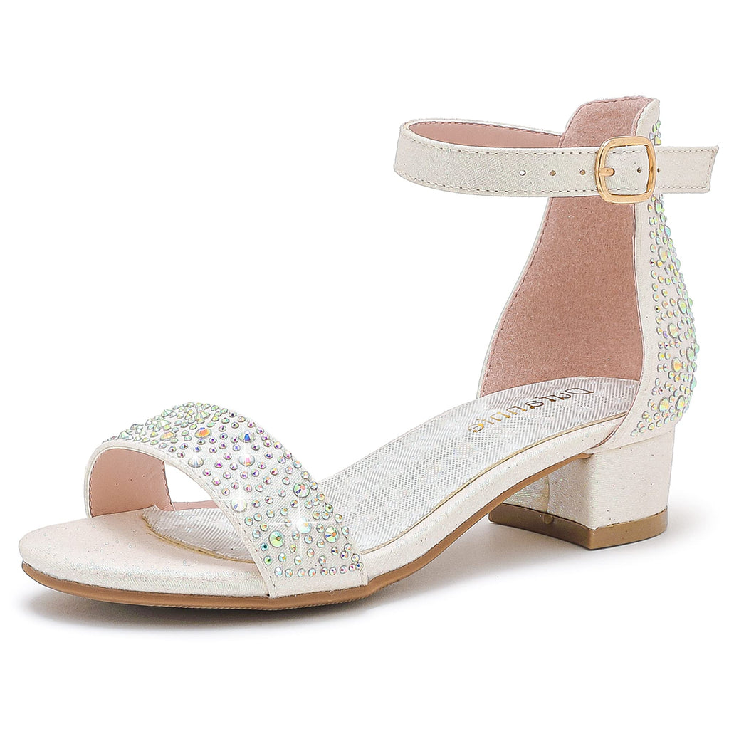 Dufannie Girls Sandals Low Heels Dress Pump Ankle Strap Open Toe Flower Girl Wedding Party for Toddler Little Big Kid