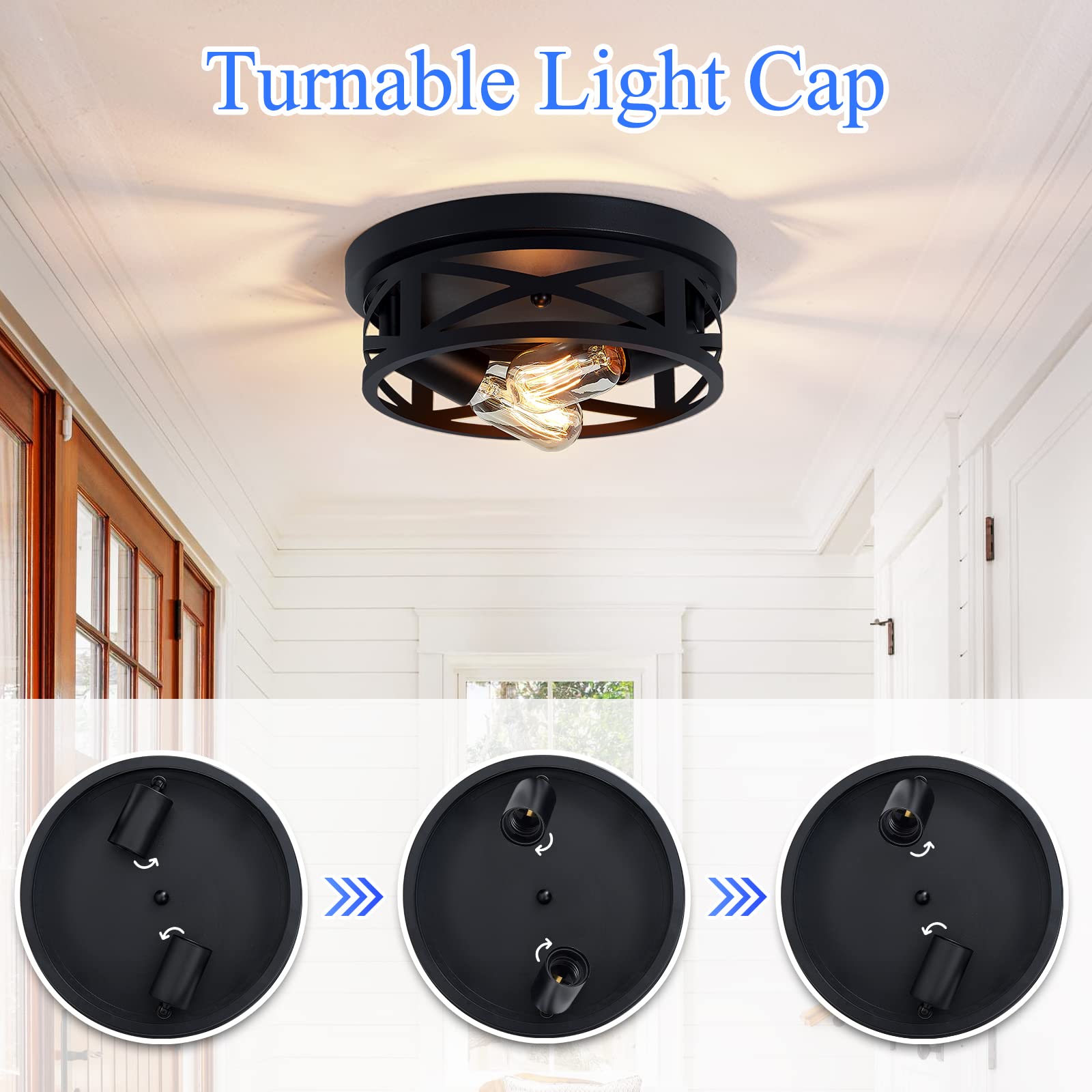 SKEJAO Flush Mount Ceiling Light Fixture,Black 2-Light Hallway Light Fixtures Ceiling,Light Fixtures Ceiling Mount for Farmhouse,Kitchen,Hall,Bedroom,Bathroom (2 Pack)