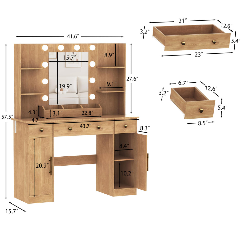 HUANLEGO Vanity Desk with Mirror and Lights, Makeup Vanity with Mirror and LED Lights & Power Outlet, 3 Drawers and Cabinets, 3 Lighting Modes Dressing Table Set for Girls Women Bedroom,Oak