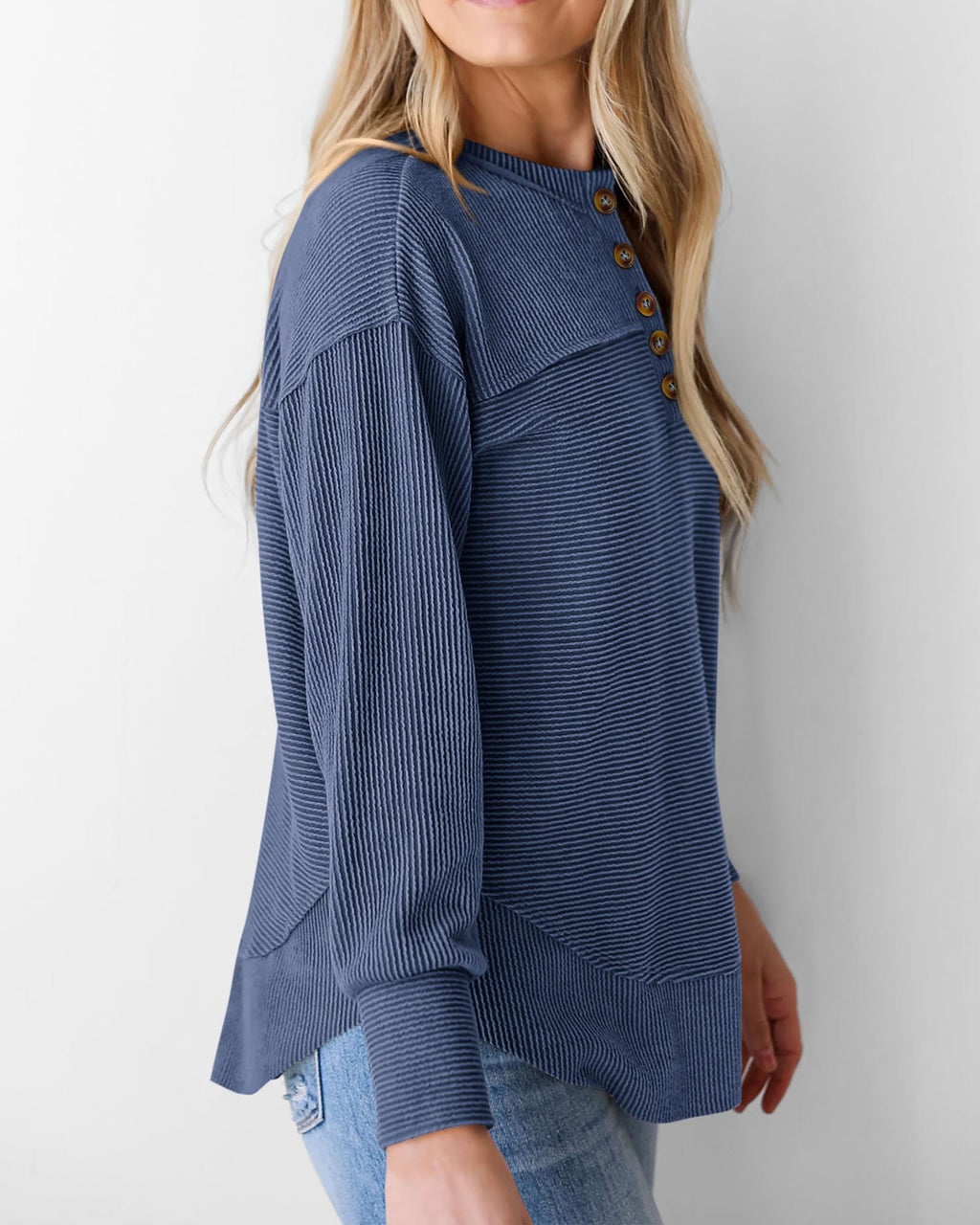KIRUNDO Going Out Tops for Women Henley Shirts 2025 Casual Ribbed Knit Long Sleeve Tunic Summer Fall Button V Neck Blouse