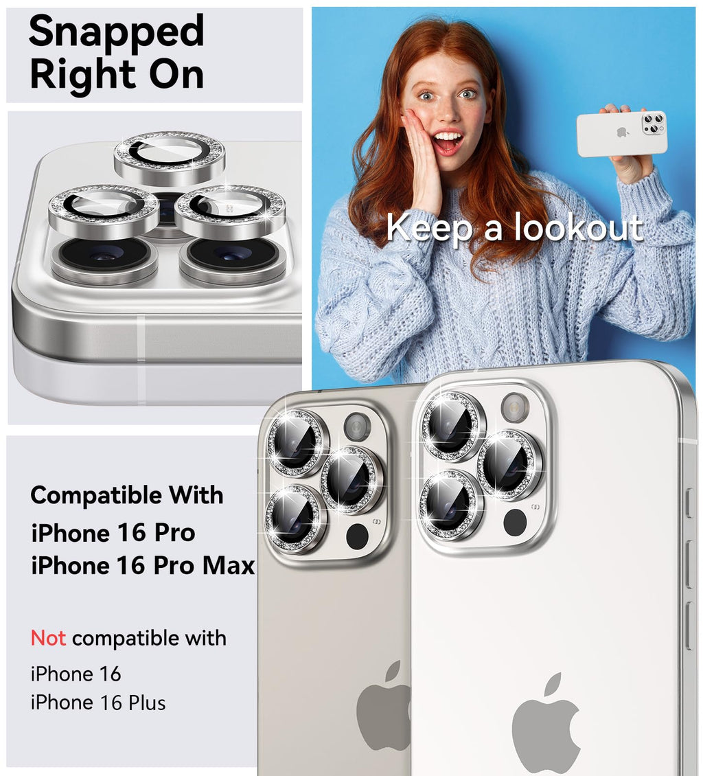 Matekxy Glitter Camera-Lens Protector for iPhone-16 Pro-Max - 16 Pro Anti-Scratch Tempered Glass with Aluminum Edging, Cute Girly Metal Individual Bling Ring Cover for Women, Black Titanium