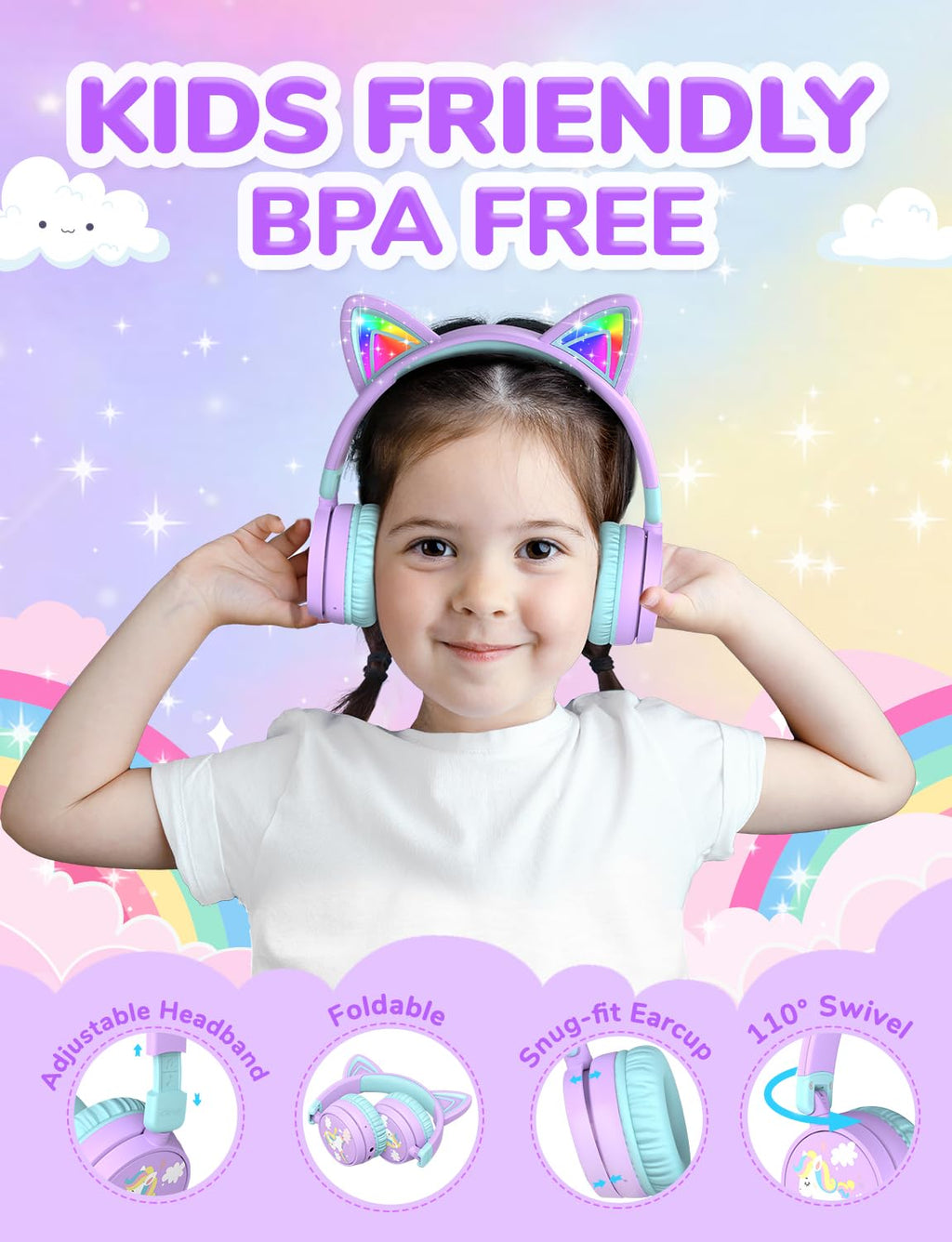 iClever Cat Ear Kids Bluetooth Headphones, LED Lights Up, 74/85dBA Safe Volume Limited, 50H Playtime,Bluetooth 5.2, USB C,Kids Headphones Wireless Over Ear for Travel iPad Tablet, Meow Macaron-Purple