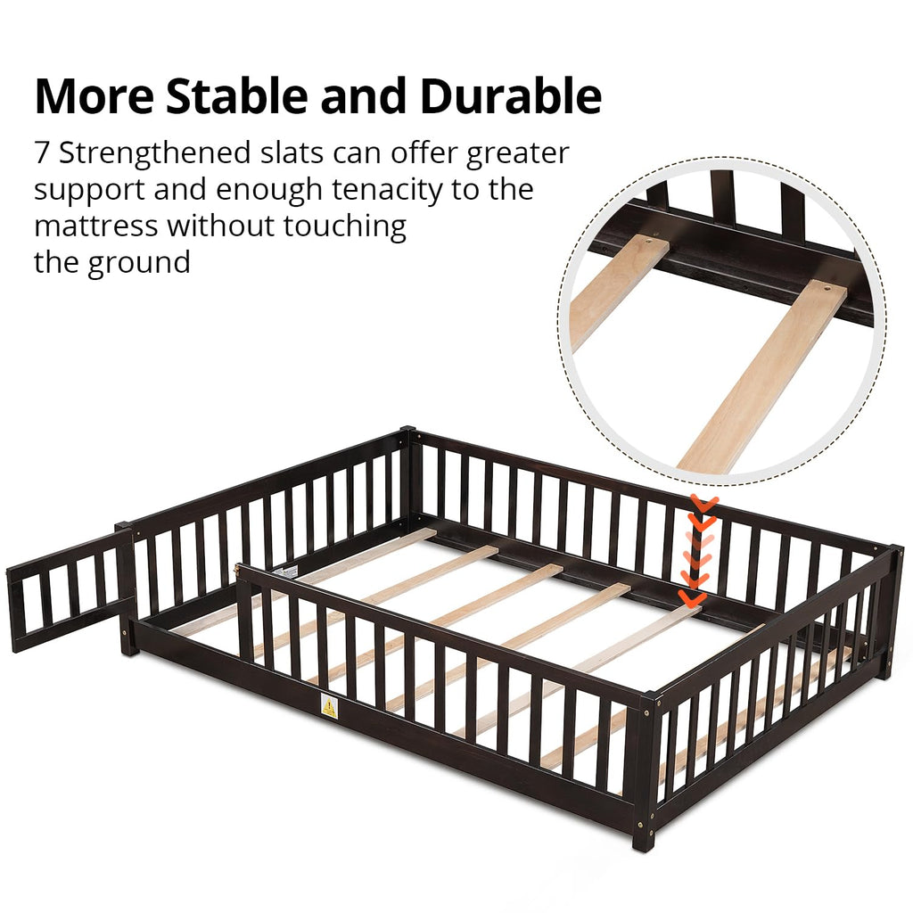 i-POOK Queen Floor Bed for Children, Sturdy Wood Montessori Bed Frame with Wood Slats, High Fence & Small Door for Girls and Boys, Espresso (with Bed Slats)