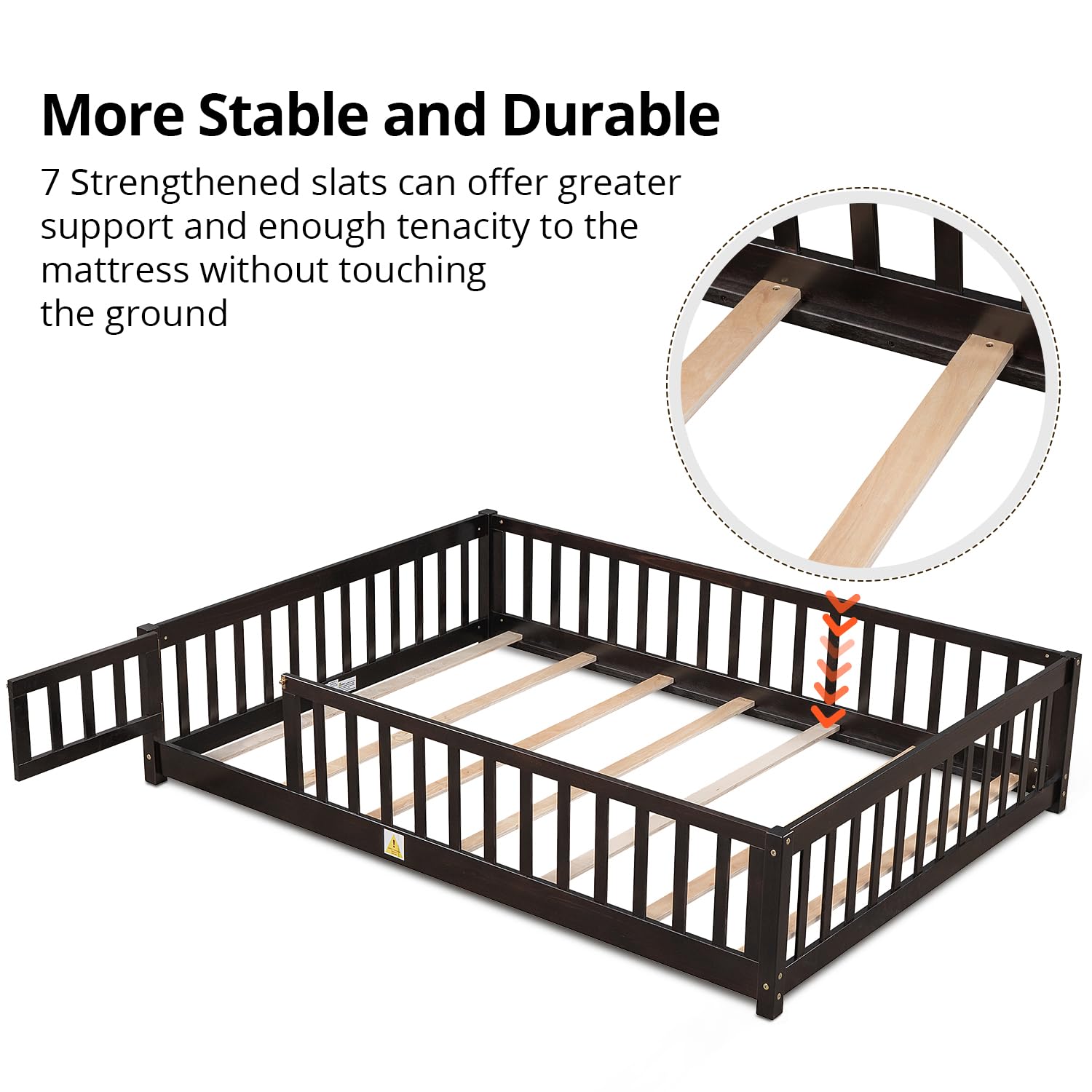 i-POOK Queen Floor Bed for Children, Sturdy Wood Montessori Bed Frame with Wood Slats, High Fence & Small Door for Girls and Boys, Espresso (with Bed Slats)