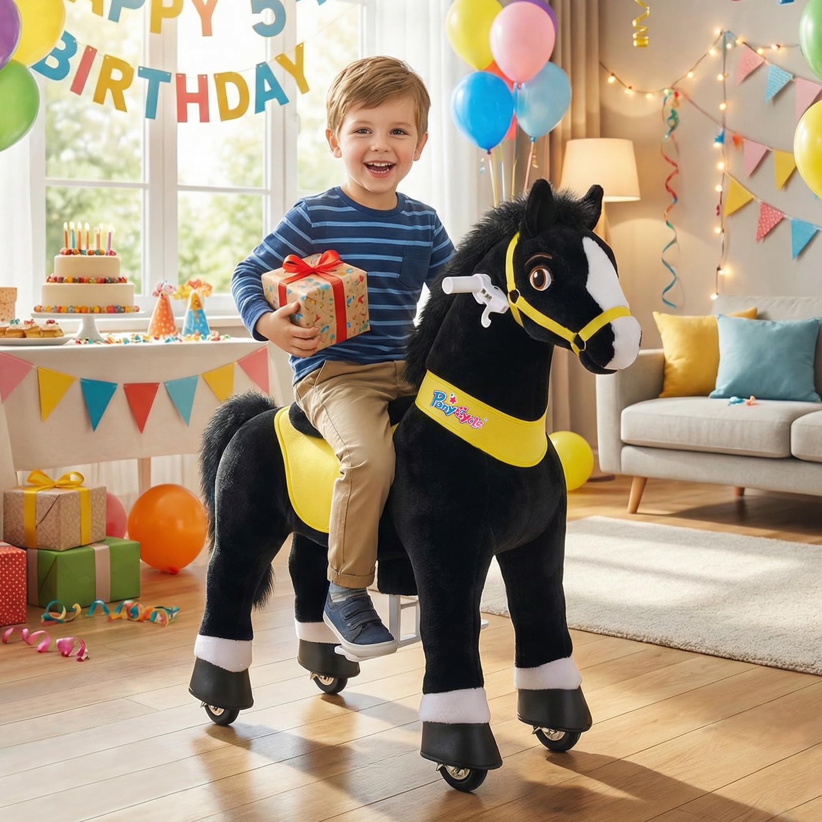 PonyCycle Ride on Toys Riding Black Horse Toys No Battery Required (with Brake/ 30" Height/Size 3) Pony Rider Walking Animals Rocking Horse Ride on Horse for Kids Riding Toys E338