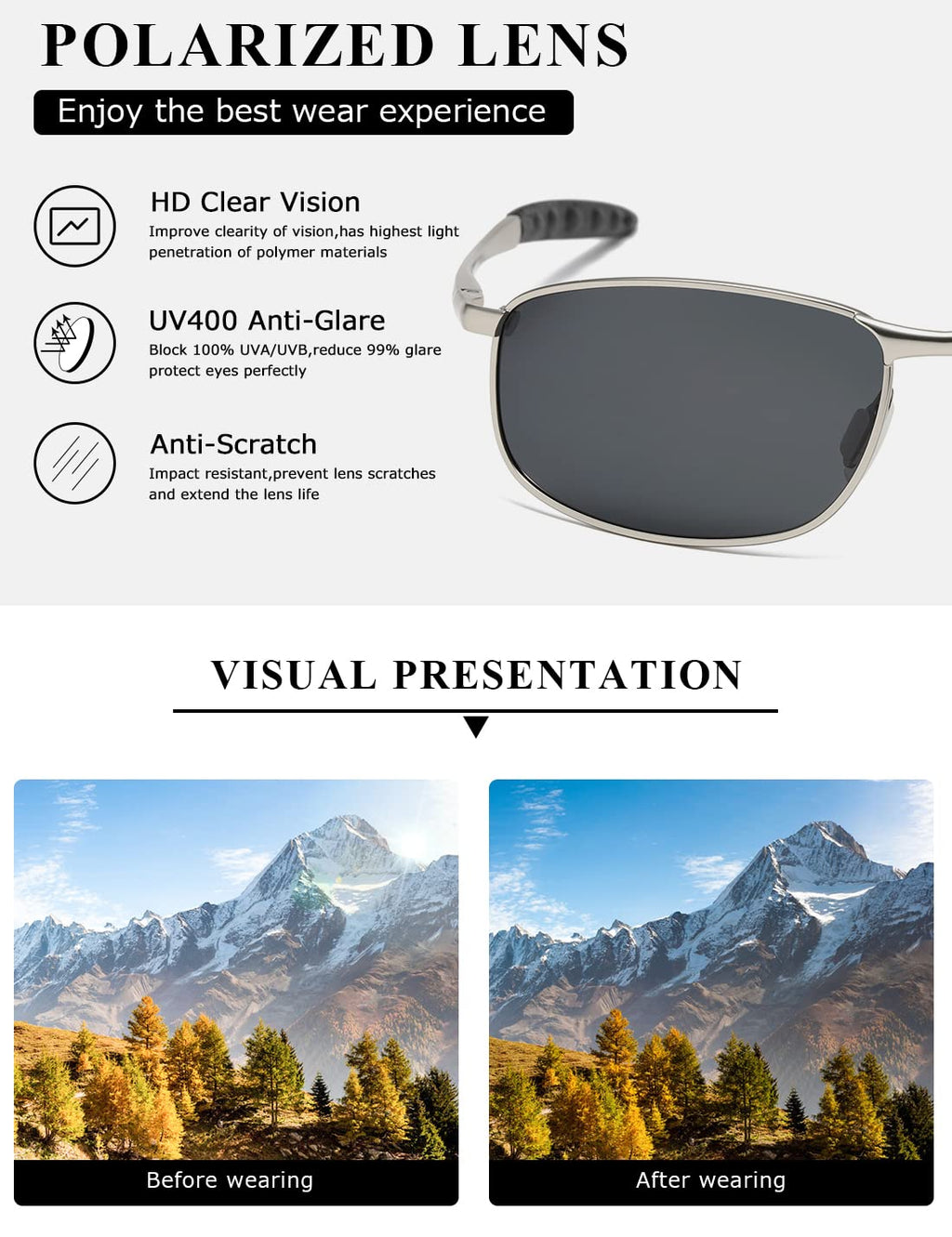 AEVOGUE Polarized Sunglasses For Men Rectangle Metal Frame Retro Sun Glasses AE0395