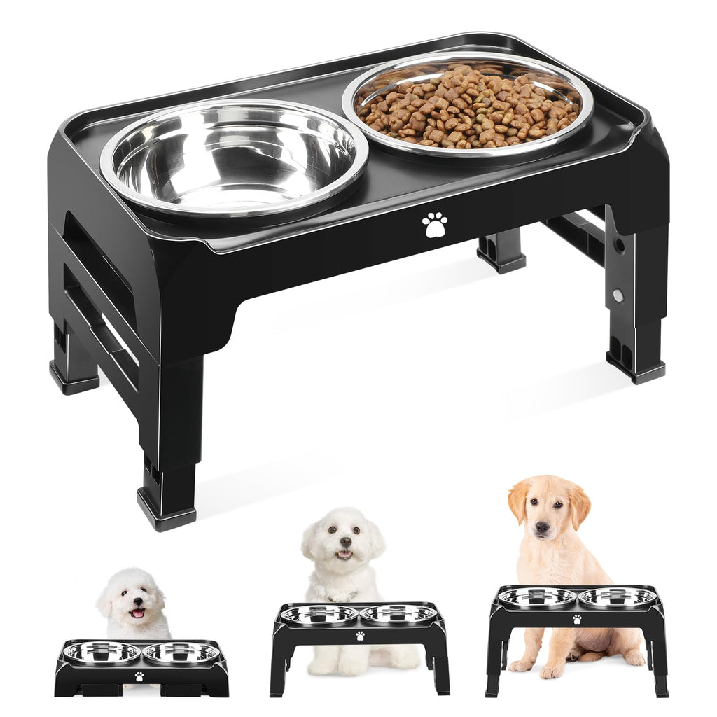 Elevated Dog Bowls 3 Height Adjustable Raised Bowl Stand with 25oz Stainless Steel Dog Food Bowls Anti-Slip for Small Dogs Adjusts to 7.5", 6", 2.75", Black