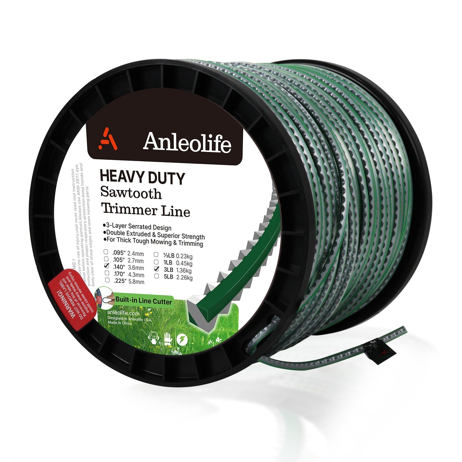 A Anleolife 1-Pound Heavy Duty Sawtooth 140-mil-by-108-ft Dual Core String Serrated Trimmer Line Donut for Walk Behind Wheeled Mowers with Built-in Line Cutter
