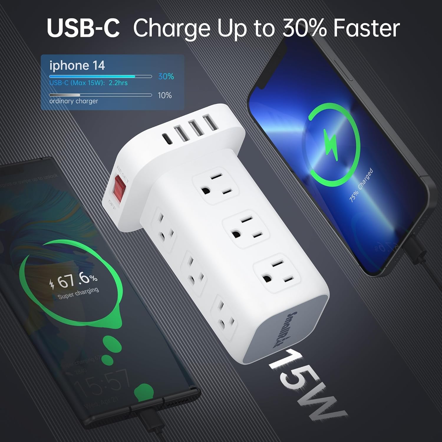 Tower Surge Protector Power Strip with 12 Outlets 4 USB (1 USB C), 6.5Feet Extension Cord with Multiple Outlets, Charging Station, Power Strip Tower, Office Desk Supplies