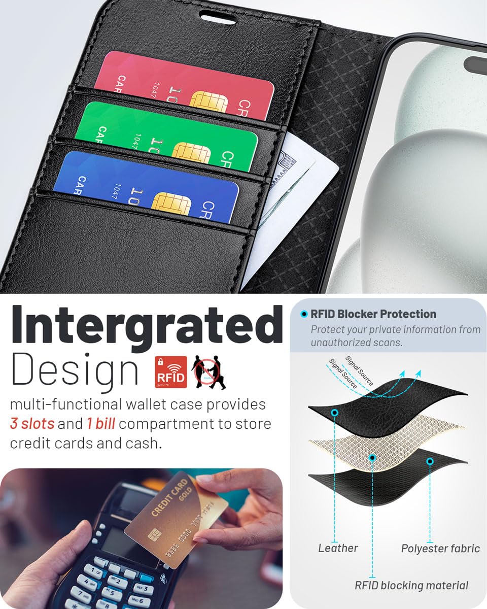 OCASE Compatible with iPhone 16 Wallet Case, PU Leather Flip Folio Case with Card Holders RFID Blocking Kickstand [Shockproof TPU Inner Shell] Phone Cover 6.1 Inch 2024, Black