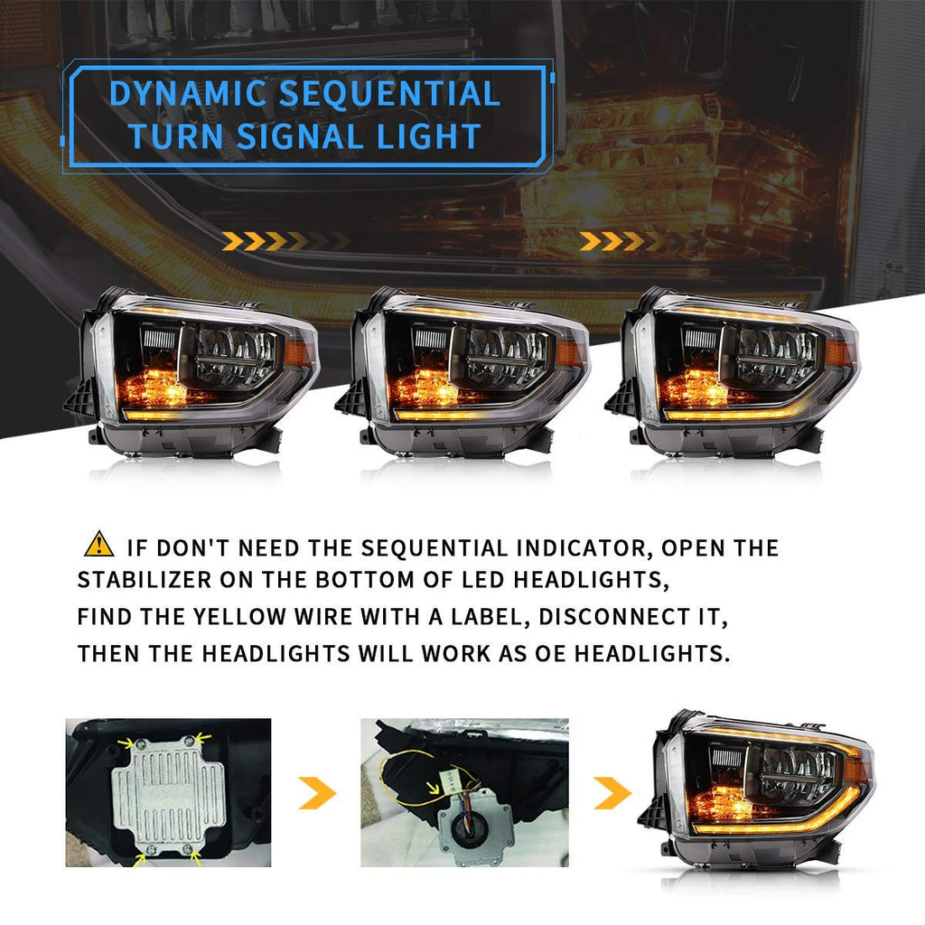 VLAND LED Headlights Compatible with Toyota Tundra 2007-2013/ Sequoia 2008-2021 w/Sequential Turn Signal, w/Diamond White DRL w/LED Reflection bowl Amber Reflector Black Trim Panel