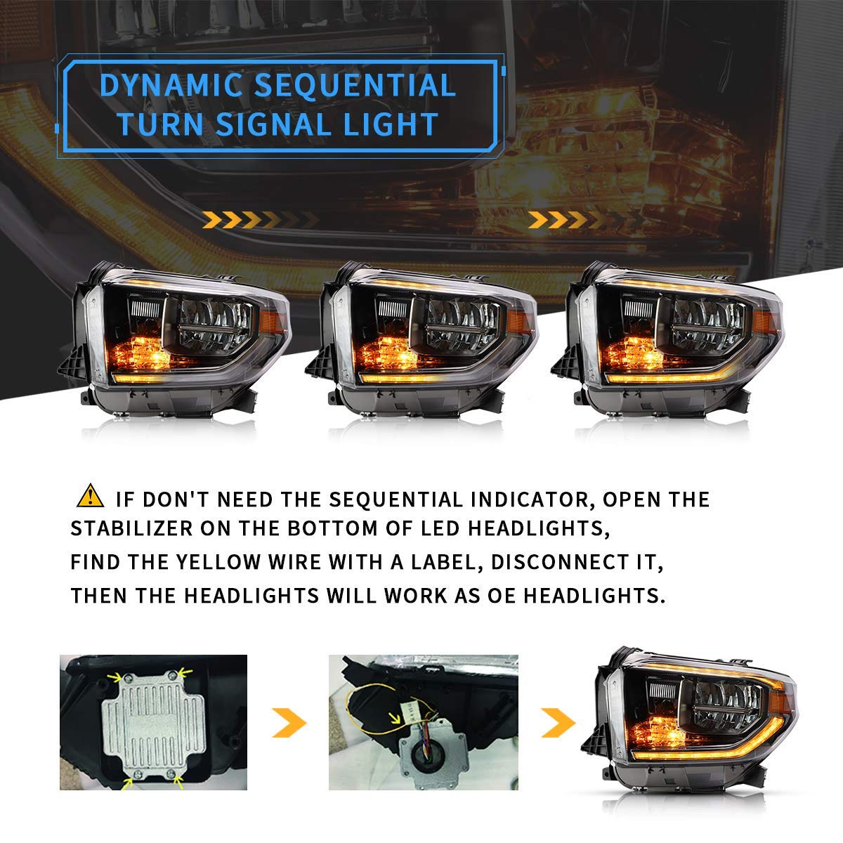 VLAND LED Headlights Compatible with Toyota Tundra 2007-2013/ Sequoia 2008-2021 w/Sequential Turn Signal, w/Diamond White DRL w/LED Reflection bowl Amber Reflector Black Trim Panel