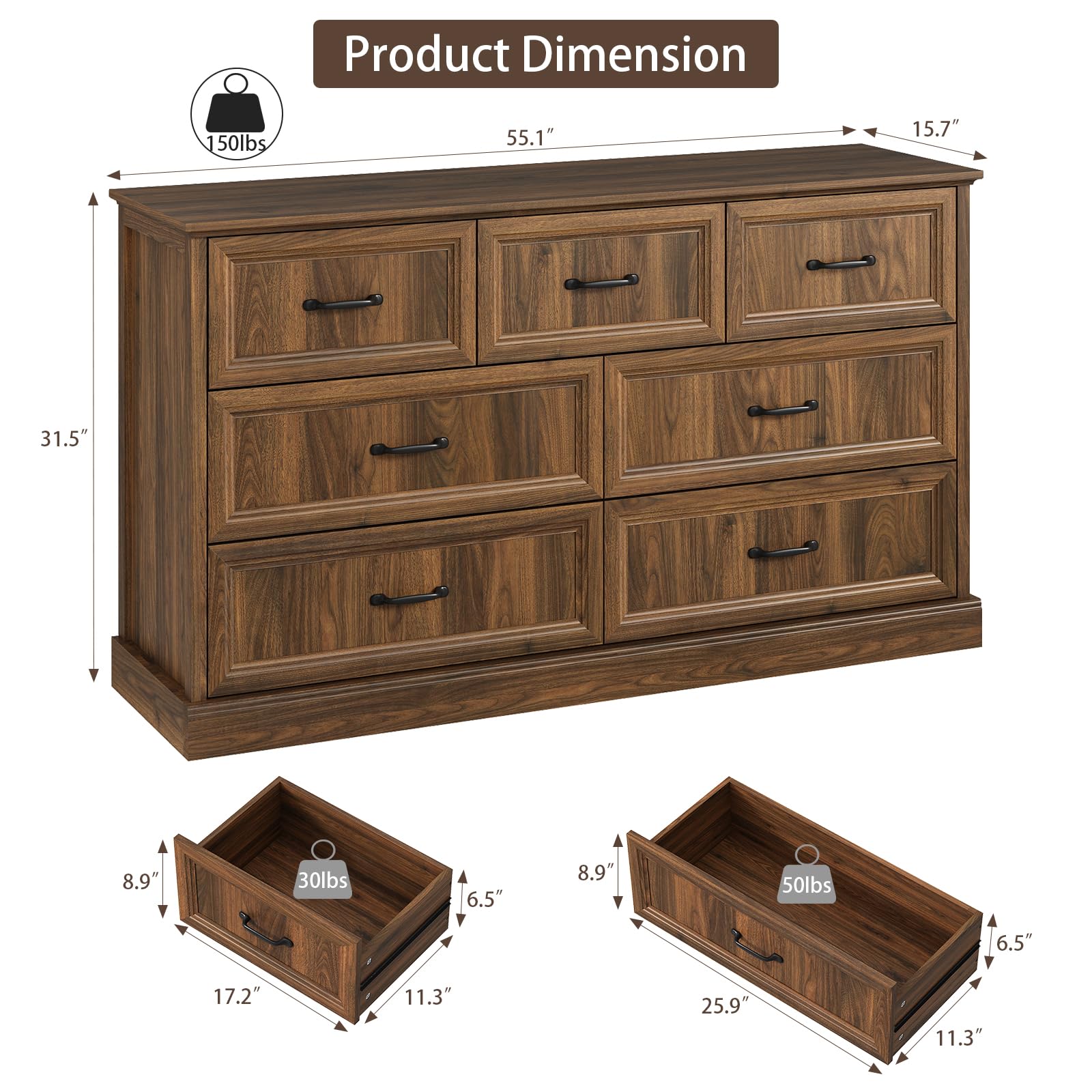Farmhouse 5 Drawers Dresser for Bedroom, 44" Tall Brown dresser Wood Rustic Chest of Drawers with Wide Metal Handle,Natural Texture,Drawer Organizer for Bedroom,Living Room,Hallway and Entryway
