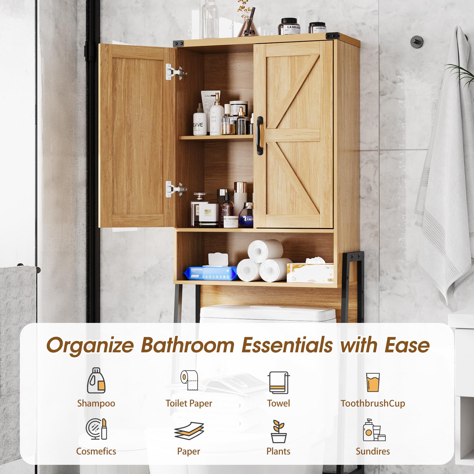 Vabches Over The Toilet Storage Cabinet with 2-Door Design Bathroom Organizers and Storage with Anti-Tip Device Over Toilet Organizer with Shelves for Bathroom,Restroom,Laundry Black