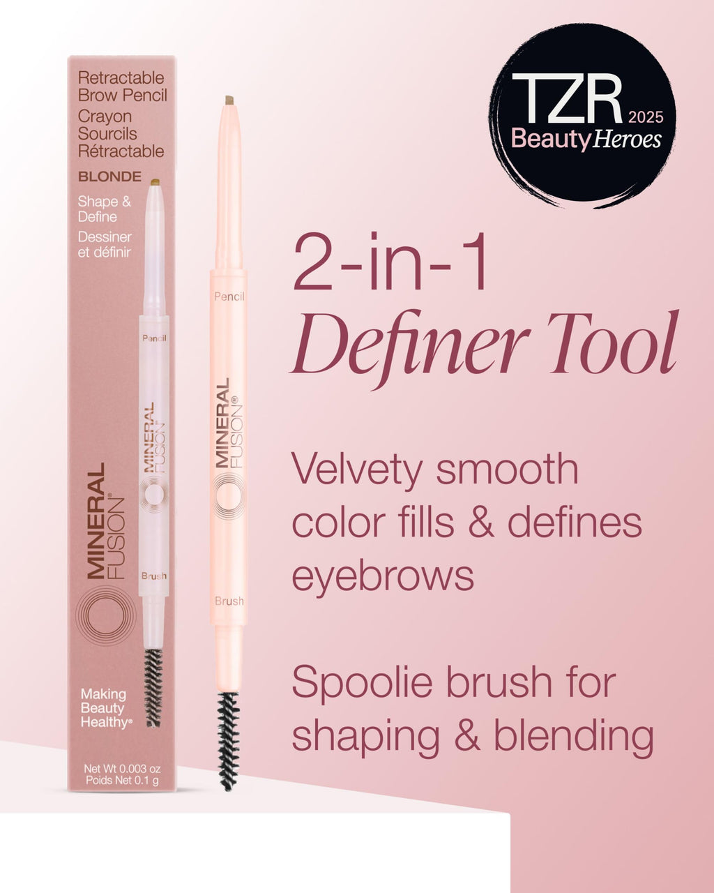 Mineral Fusion Retractable Brow Pencil (Blonde) - TZR 2025 Beauty Heroes Award Winner - Shape & Define Eyebrow with Blending Spoolie Brush - Velvety Smooth, Long-Lasting Color - Vegan Formula