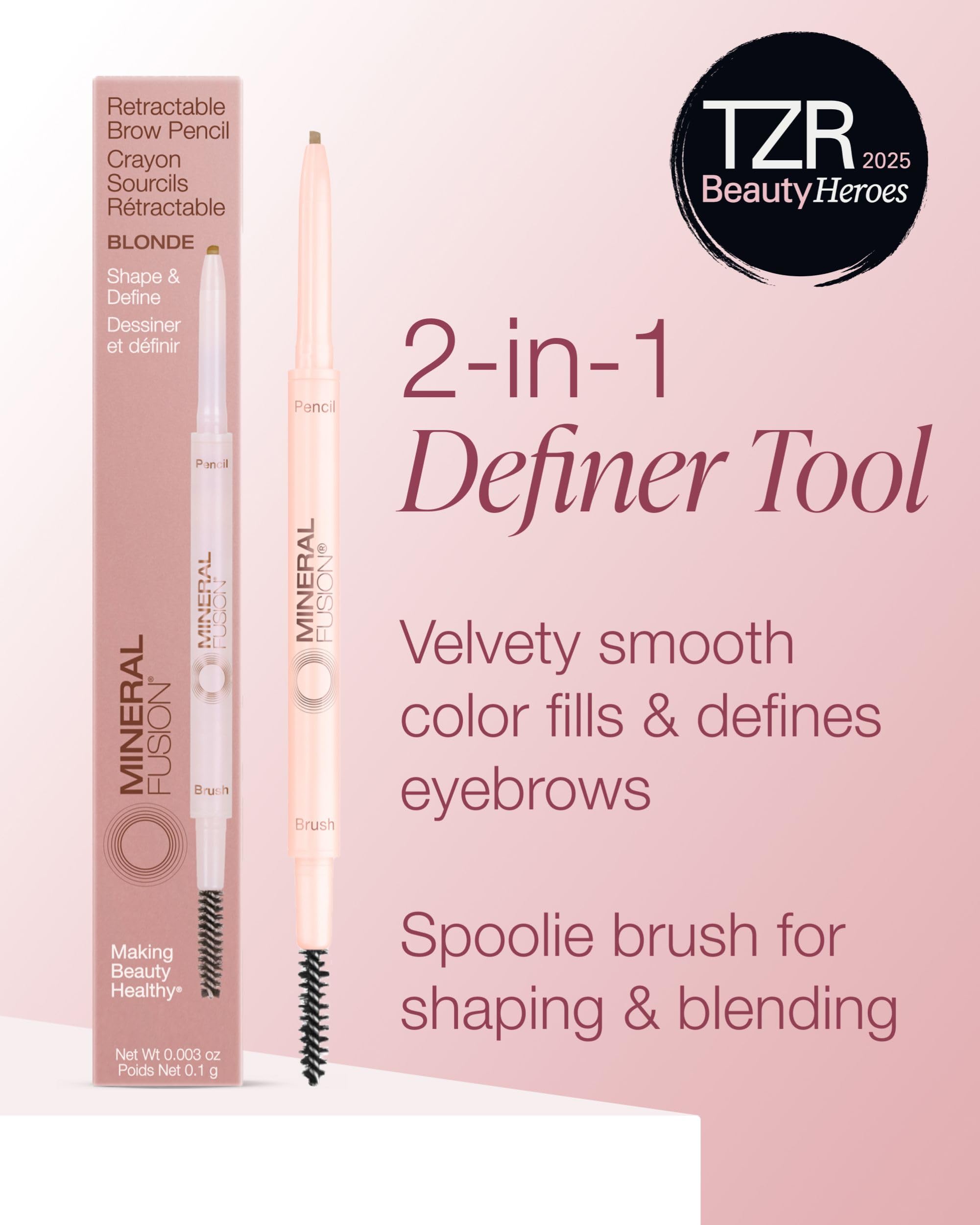 Mineral Fusion Retractable Brow Pencil (Blonde) - TZR 2025 Beauty Heroes Award Winner - Shape & Define Eyebrow with Blending Spoolie Brush - Velvety Smooth, Long-Lasting Color - Vegan Formula