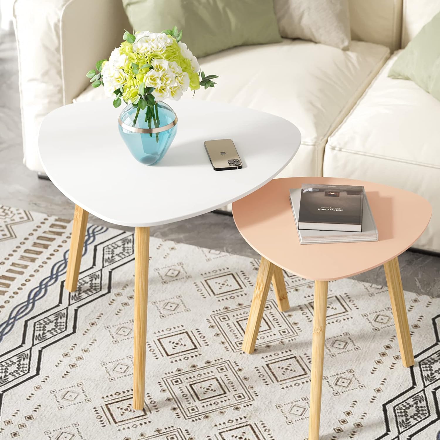 BAMEOS Monstera Leaf Nesting Tables Set of 2, Small Side Tables f Set with Leaf Vein Pattern, Modern Wooden CoffeeTables for Living Room Bedroom Apartment Balcony Yard