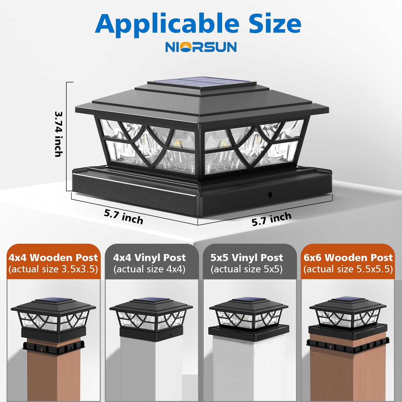 NIORSUN Solar Post Lights Outdoor 4 Pack, 2 Modes LED, Deck Fence Post Solar Lights for 3.5x3.5 4x4 5x5 5.5x5.5 Caps Patio Garden Decoration, White