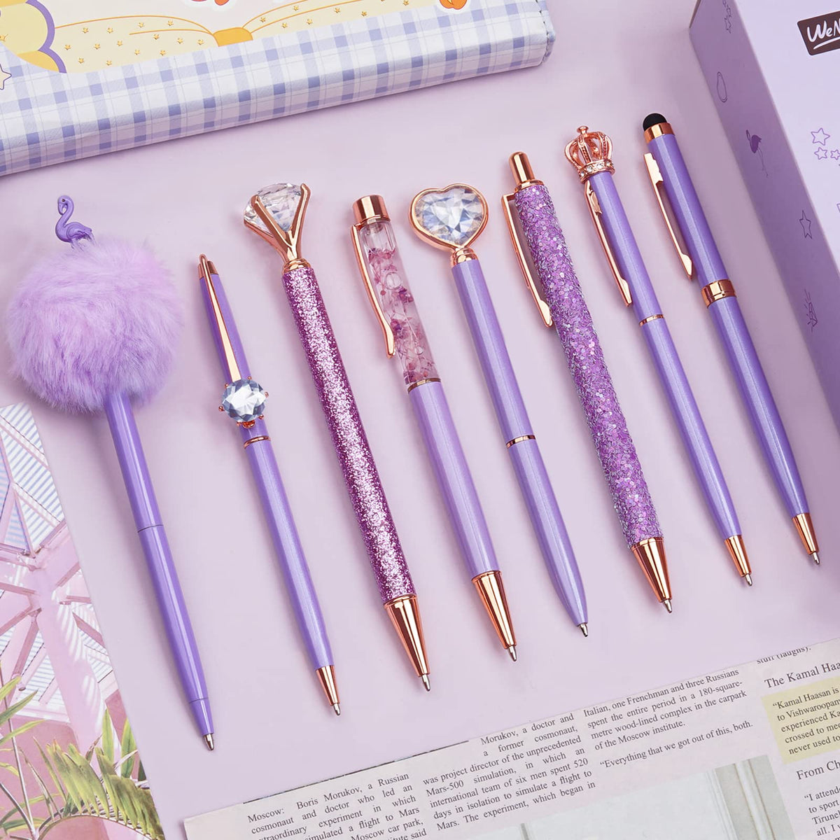 WEMATE 8Pcs Ballpoint Pens Set Metal Crystal Diamond Pen Glitter for Journaling Black Pen Bling in Black & Blue Ink Pretty Cute Pens Fancy Pens Gifts for Women Wedding School Office Desk(Black)