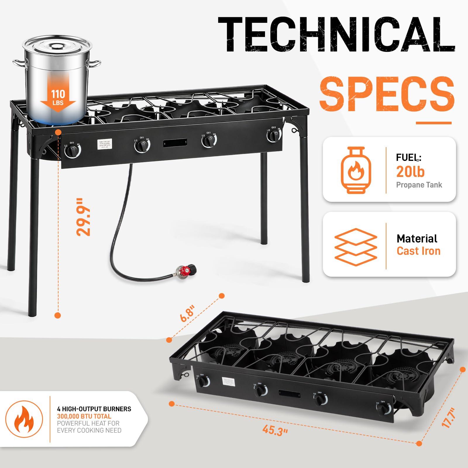 Outvita 2 Burner Propane Gas Stove for Outdoor Cooking, 150,000 BTU Camping Cooker with Removable Legs, Temperature Control Knobs for Backyard Cooking, BBQ, Baking and Frying