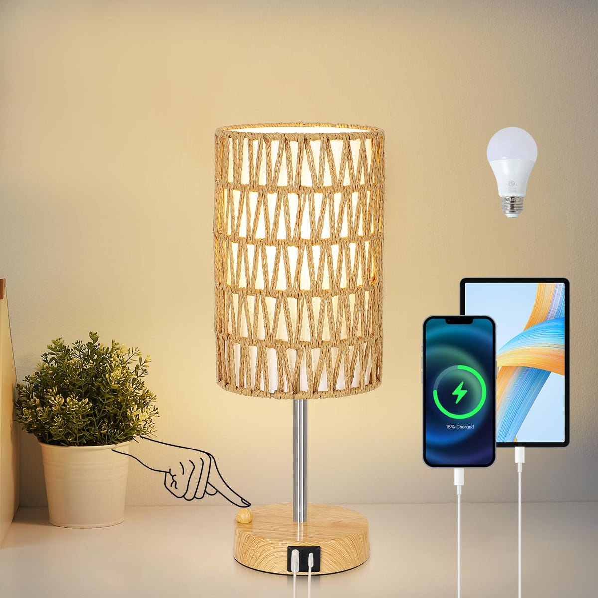Rattan Bedside Table Lamps Set of 2 - Boho Lamps With 3 Color Temperatures & USB AC Port, Pull Chain Table Lamp For Bedroom, Cute Small Lamp For Nightstand Office Desk Bed Side End Table Living Room