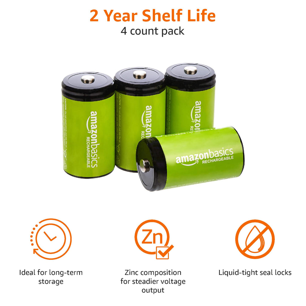 Amazon Basics 4-Pack Rechargeable 9 Volt Ni-MH Batteries, 200 mAh, Pre-Charged, Long Lasting Power, Recharge up to 1000x Times