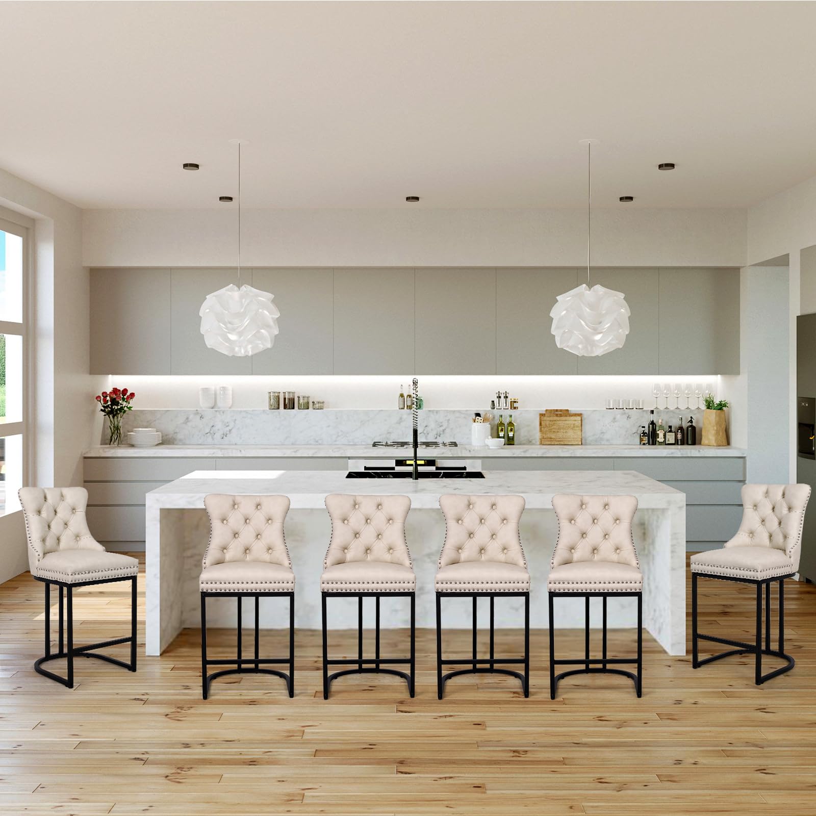 UVV Counter Height Bar Stools Set of 1, 26" Modern Barstools with Back, Velvet Upholstery Counter Chairs with Metal Legs for Kitchen Island, Bar, Counter, Beige