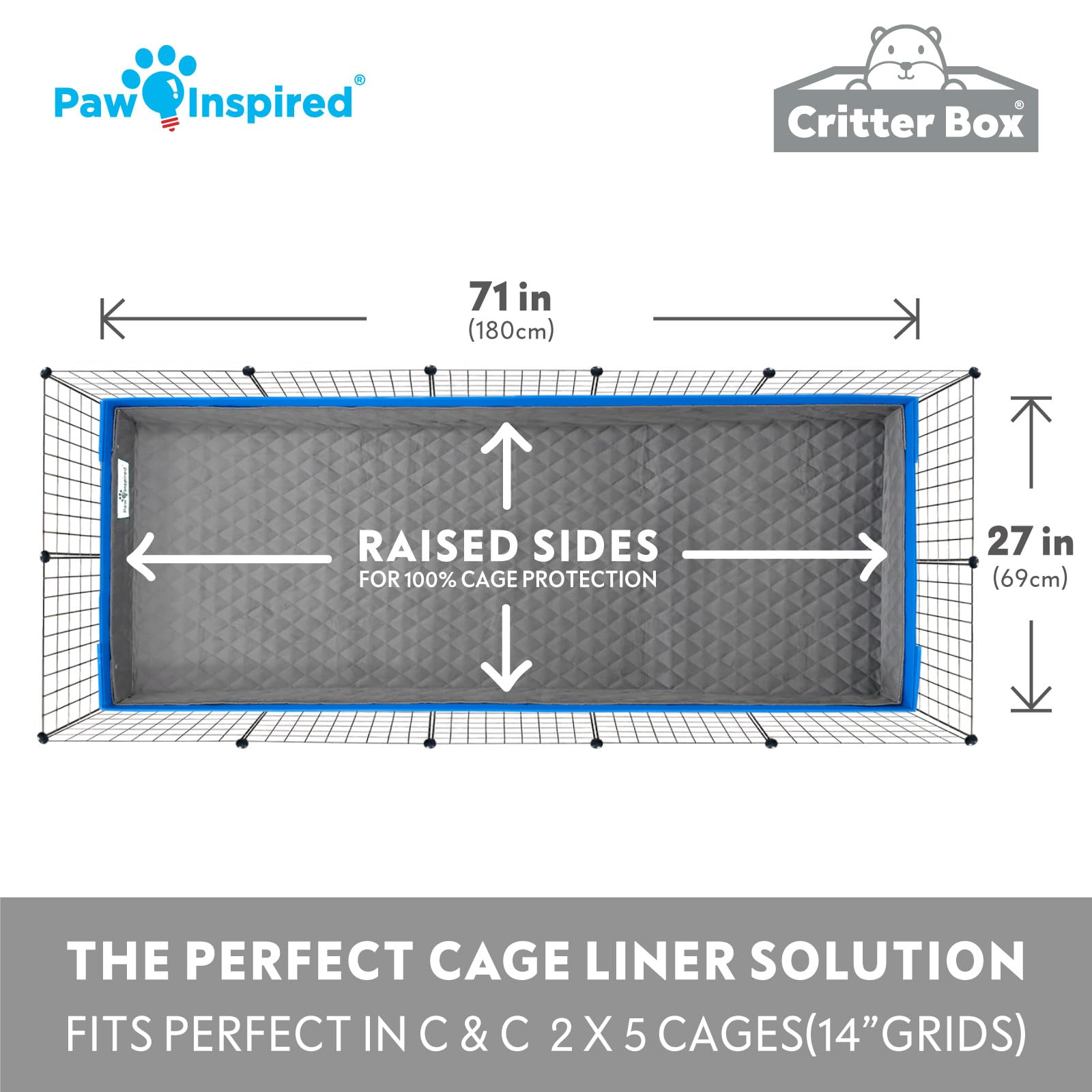 Paw Inspired Critter Box Washable Cage Liner with Raised Sides, Fleece Bedding with Waterproof Bottom, Edge Protected Pee Pads for Guinea Pigs, Rabbits, Hamsters, Small Animals (Midwest Size)