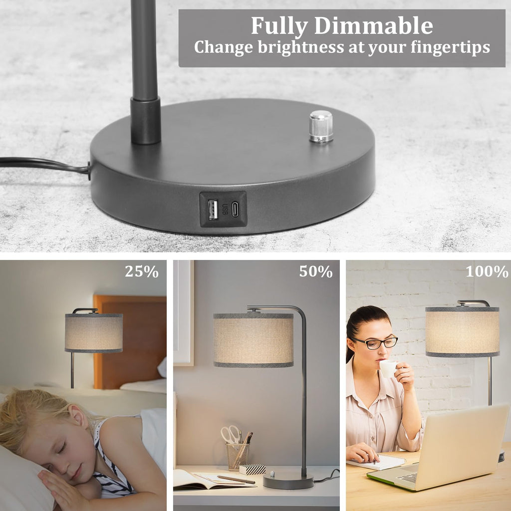 Table Lamps Set of 2, Fully Dimmable Bedside Lamp with USB C+A Charging Ports, Modern Nightstand Lamps with Linen Fabric Shades, Tall Desk Lamp for Bedroom, Living Room, Office, LED Bulb Included