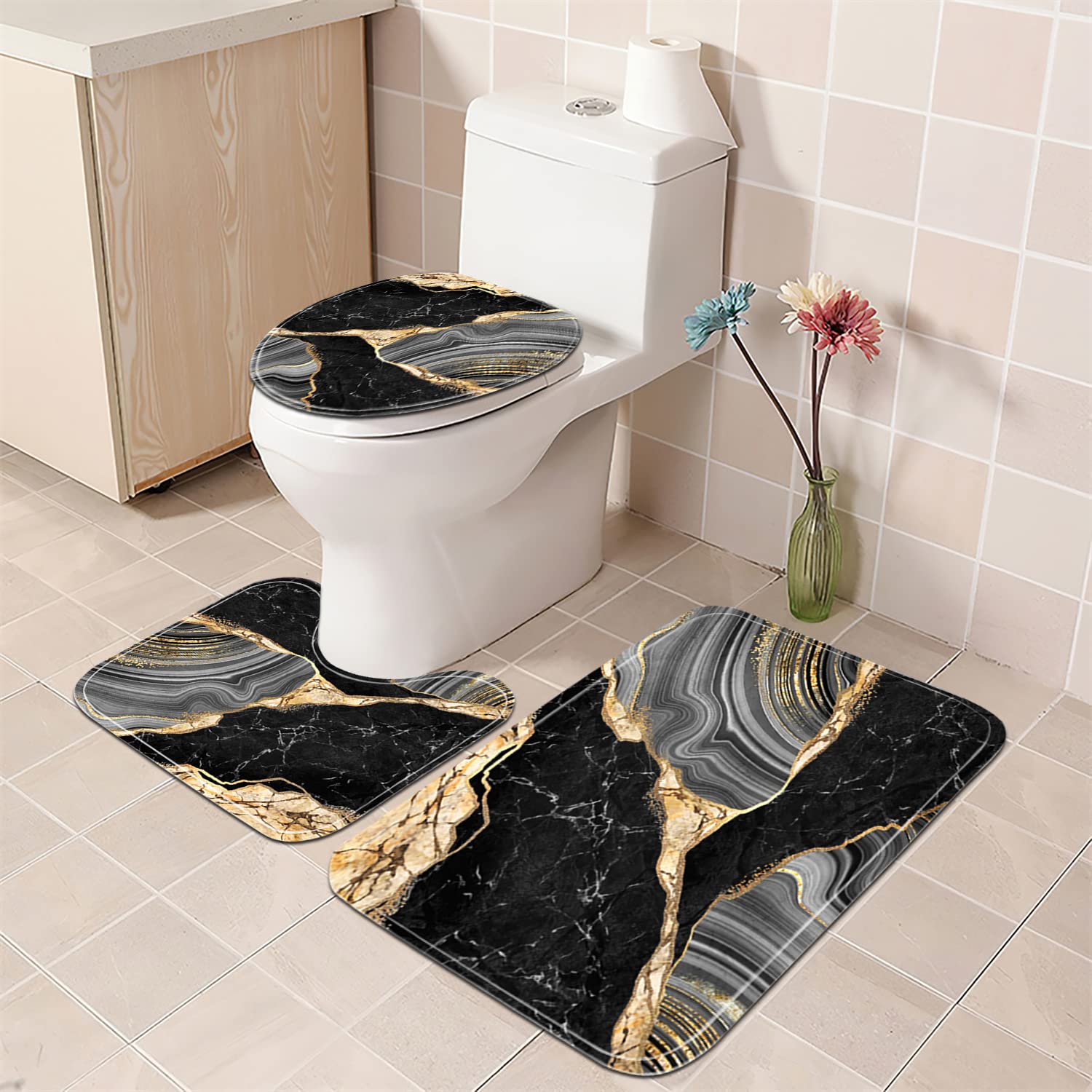 Nkzply 4 Pcs Black Marble Shower Curtain Sets with Rugs Gold Bathroom Sets with Shower Curtain and Rugs Modern Abstract Bathroom Decor Accessories Shower Curtains for Bathroom Toilet Lid Cover