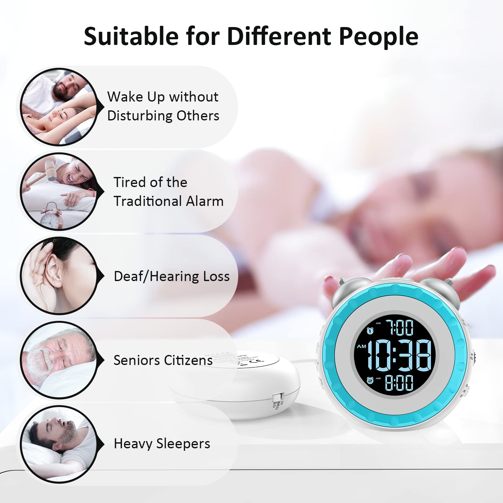 uscce Loud Dual Alarm Clock with Bed Shaker - 0-100% Dimmer, Vibrating Alarm Clock for Heavy Sleepers or Hearing Impaired, Easy to Set, USB Charging Port, Snooze, Battery Backup