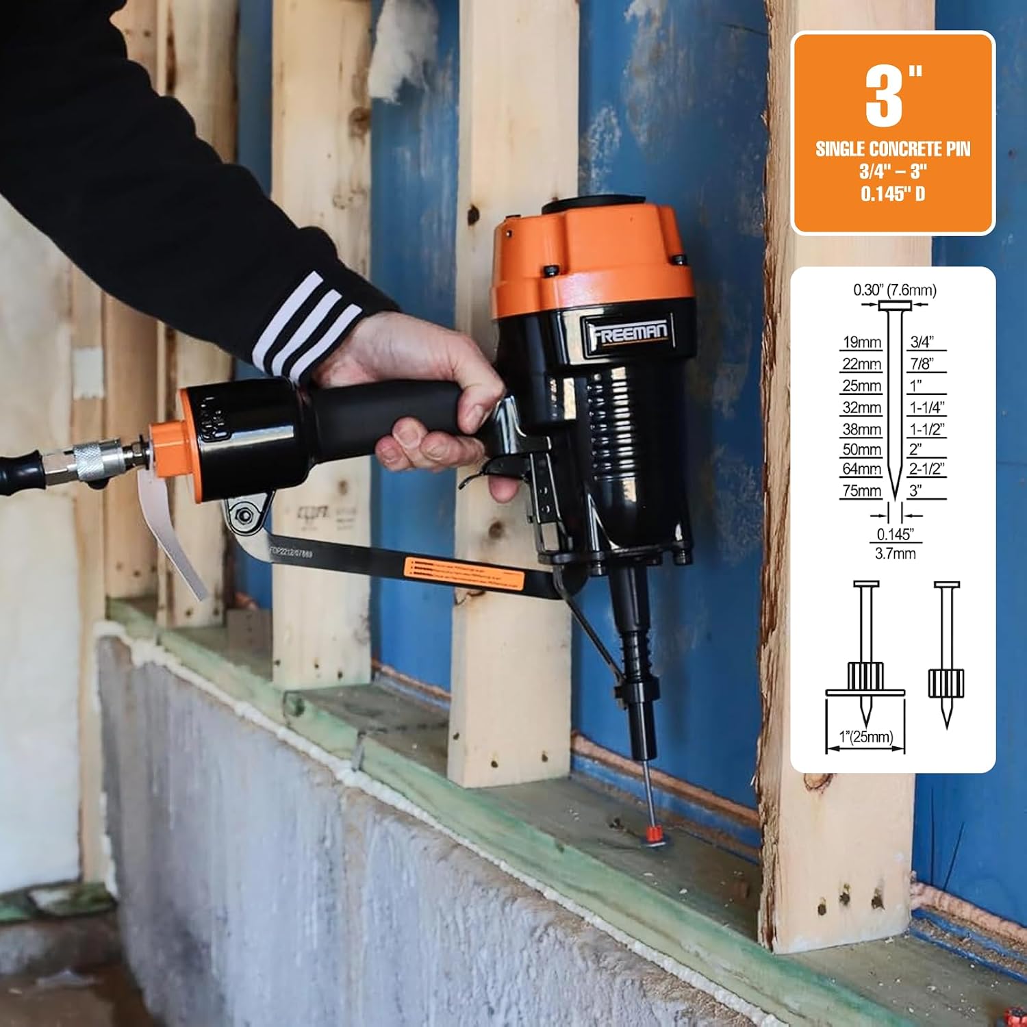 Freeman PSSCP Pneumatic 3" Single-Pin Concrete Nailer with Case | Heavy-Duty Air-Powered Nail Gun for Wood, Steel & Concrete | Compatible with Ramset & Hilti Single Pins