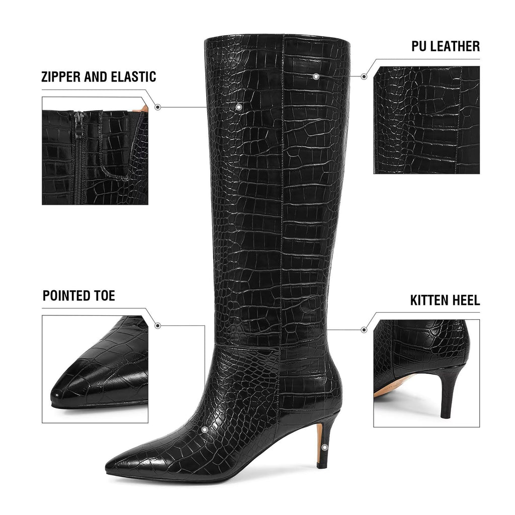wetkiss Knee High Boots for Women - Pointed Toe Kitten Heel & Crocodile, Side Full Zipper for Easy Wear, All-Day Comfort Boots for Work, Party and Daily Chic Style