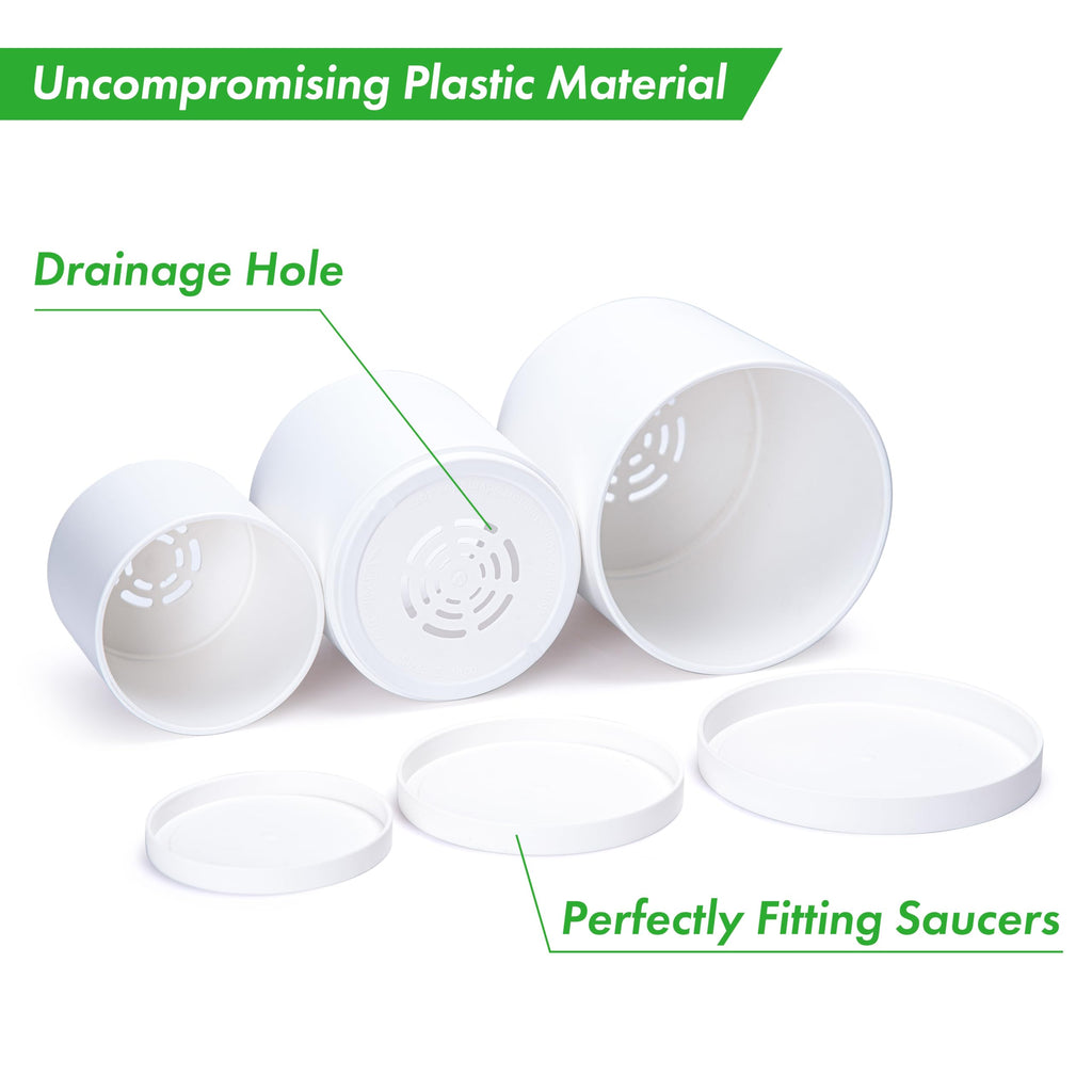D'vine Dev 6.5 Inch 8 Inch 10 Inch, Set of 3 Plastic Planter Pots for Plants with Drainage Hole and Seamless Saucers, Black Color, Large, 74-V-B-4