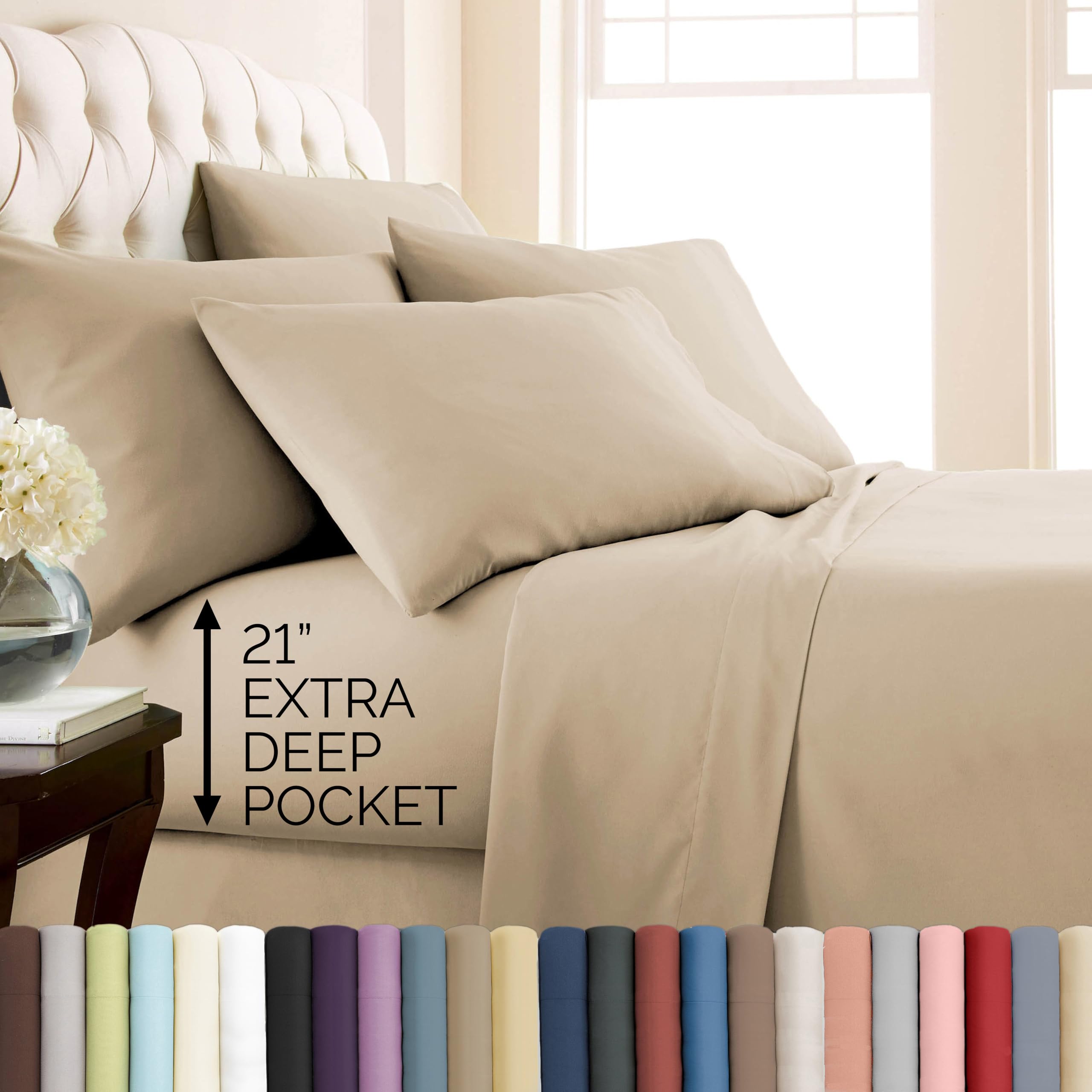 Southshore Fine Living, Inc. 4-Piece, 21-Inch Deep Pocket Twin Sheets Set with Fitted Sheet, Soft Microfiber, Oversized Flat Sheet, 2 Pillow Cases Standard Size, Hotel Collection Twin Bed White Sheets