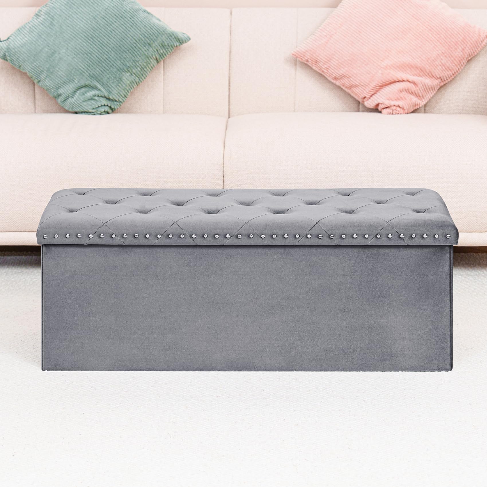 PINPLUS Folding Storage Ottoman Bench, Folding Velvet Tuffed Foot Rest Stool with Rivet, End of Bed Bench Large Long Shoes Chest for Bedroom Entryway Living Room, Beige, 41.3 Inches