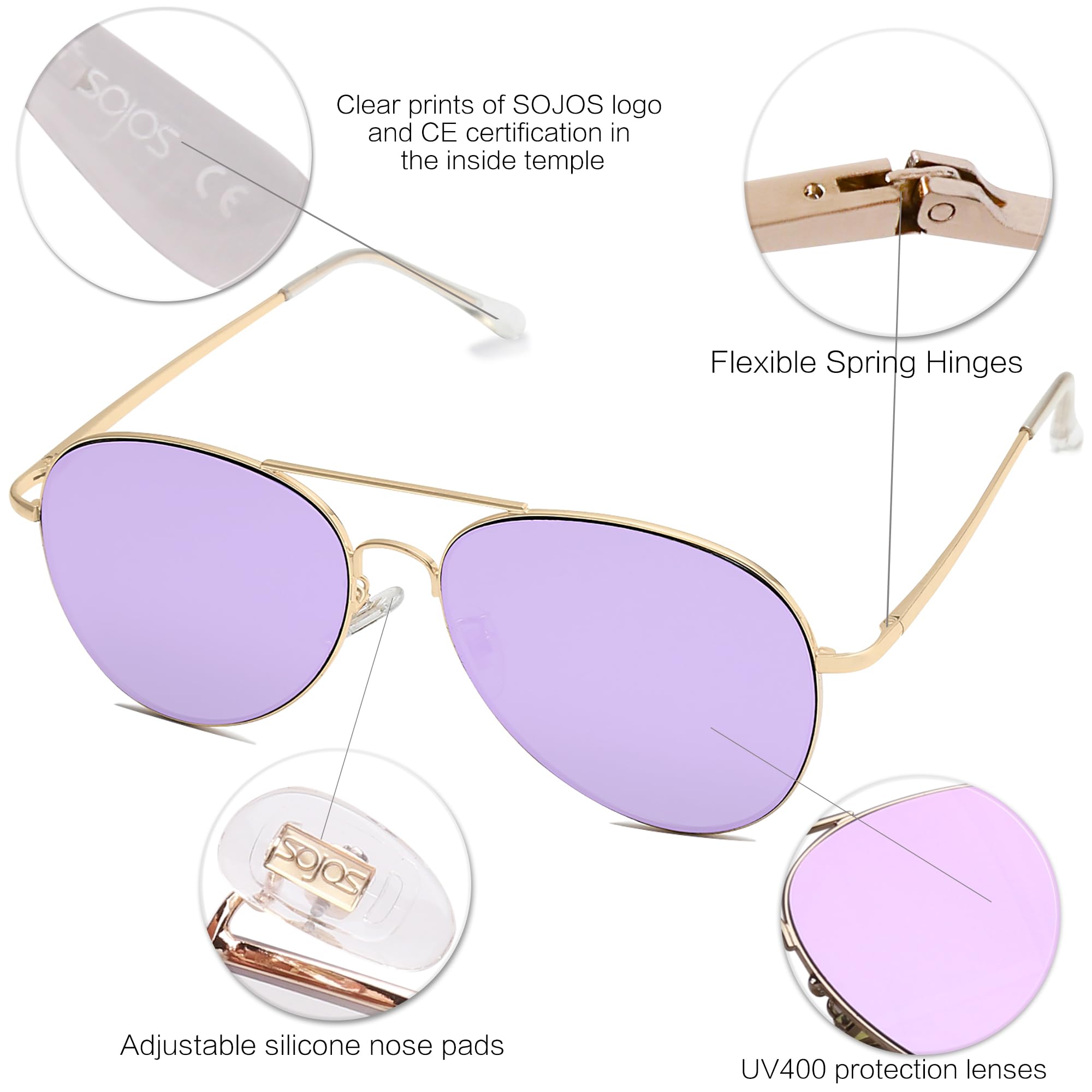 SOJOS Classic Aviator Sunglasses for Women Men Metal Frame Spring Hinges SJ1030