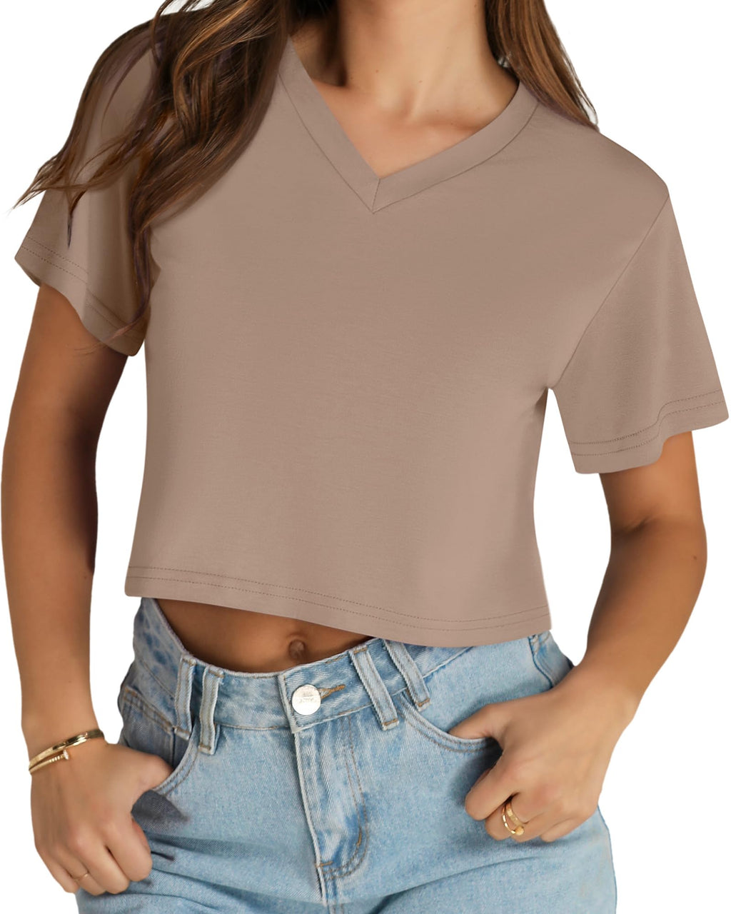 Womens Crop Tops Summer Baisc Tees V Neck T Shirts Casual Short Sleeve Cropped Top 2026