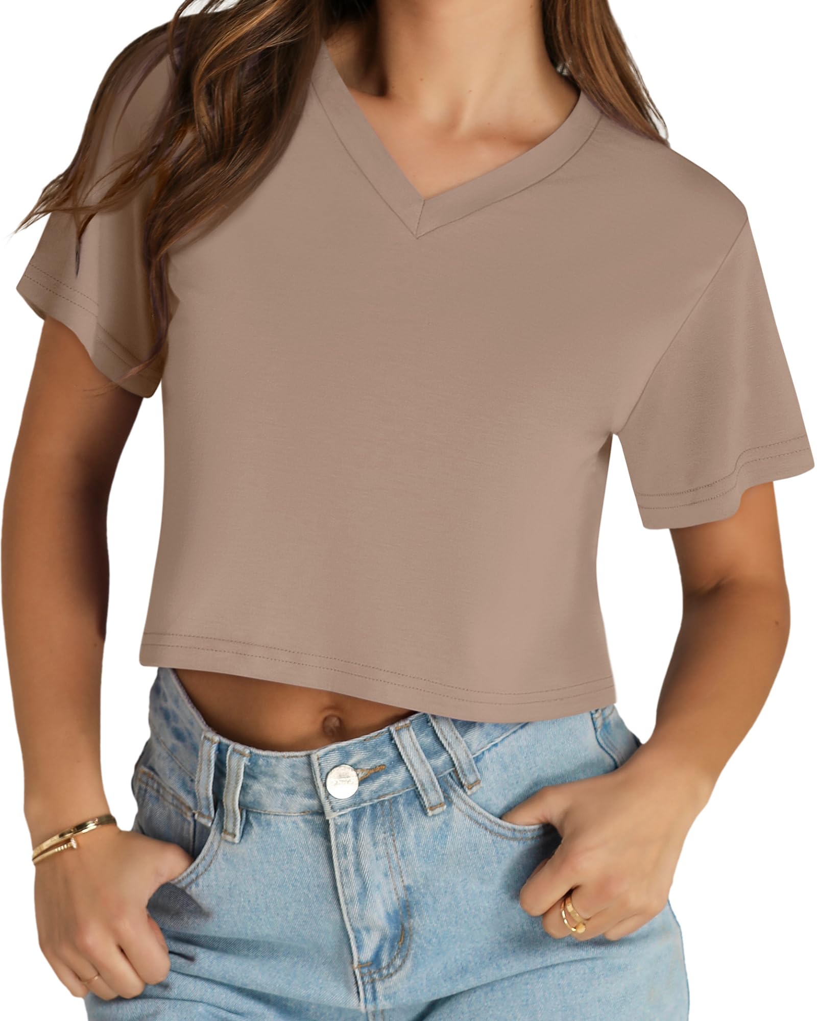 Womens Crop Tops Summer Baisc Tees V Neck T Shirts Casual Short Sleeve Cropped Top 2026
