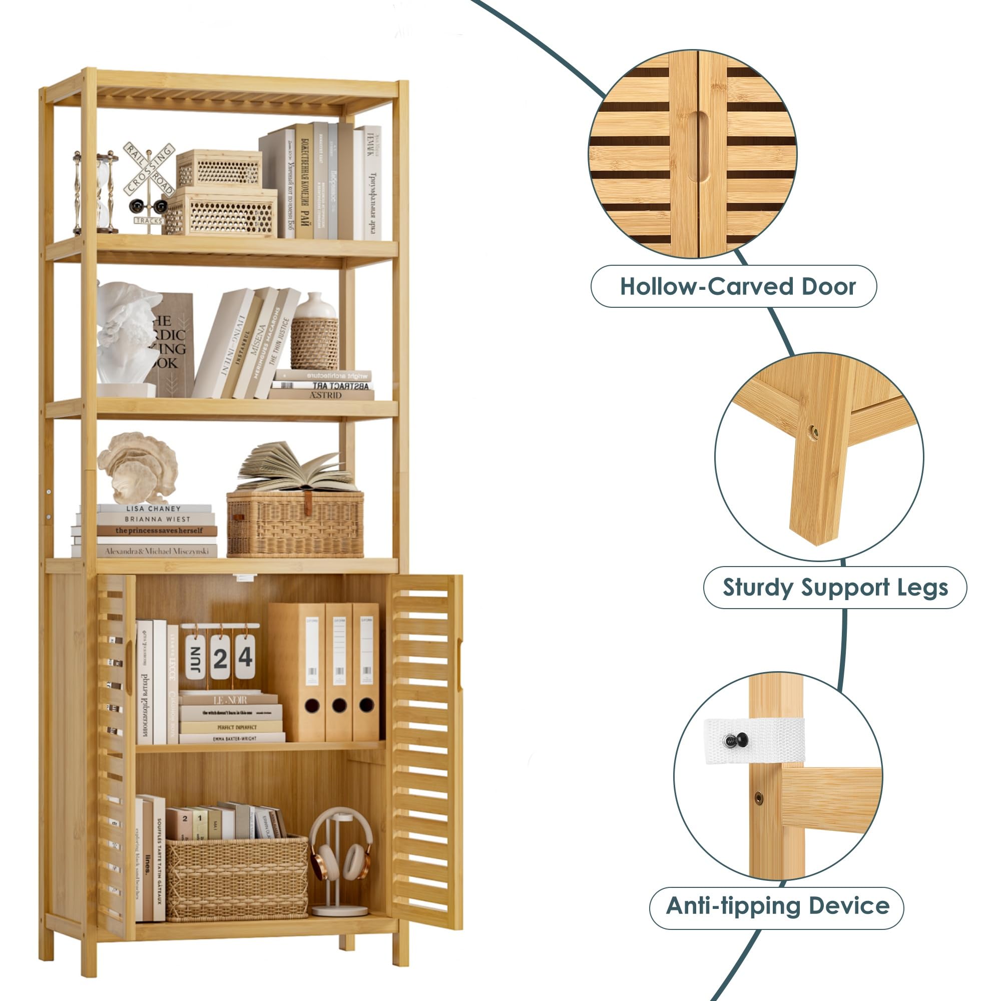 HIFIT Tall Bathroom Storage Cabinet, 66" Bamboo Narrow Bathroom Floor Cabinet with 2 Door & 4-Tier Open Shelves, Corner Tall Cabinets Freestanding Organizer Unit for Bath, Living Room, Entryway,Nature