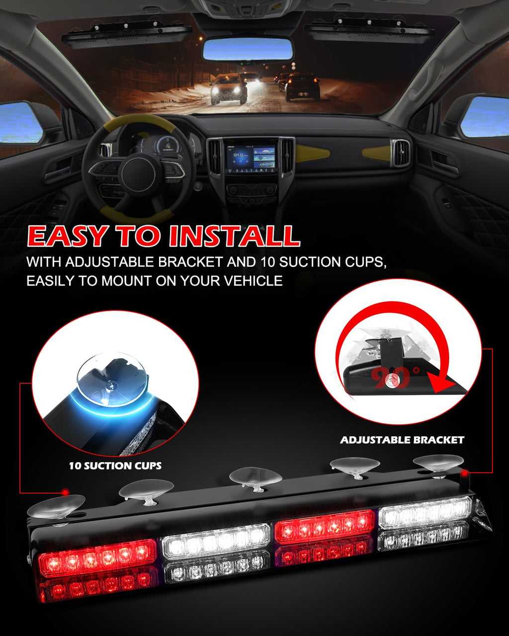 HLauto 604N Emergency Dash Strobe Lights: 2x16.8 inch Amber White Security Light w/Take Down, 48 LED Safety Flashing Warning Hazard Interior Windshield Light Bar for Truck Vehicle