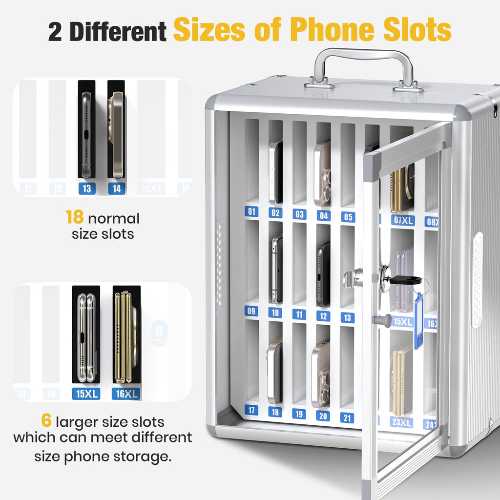 Glosen Cell Phone Locker 24 Slots, Portable Phone Storage Cabinet [Wall Mounted] [Silver 24 Slots-Universal Key ] Aluminum Alloy Cellphone Lock Box with Key & Handle for School Classroom Office Exam