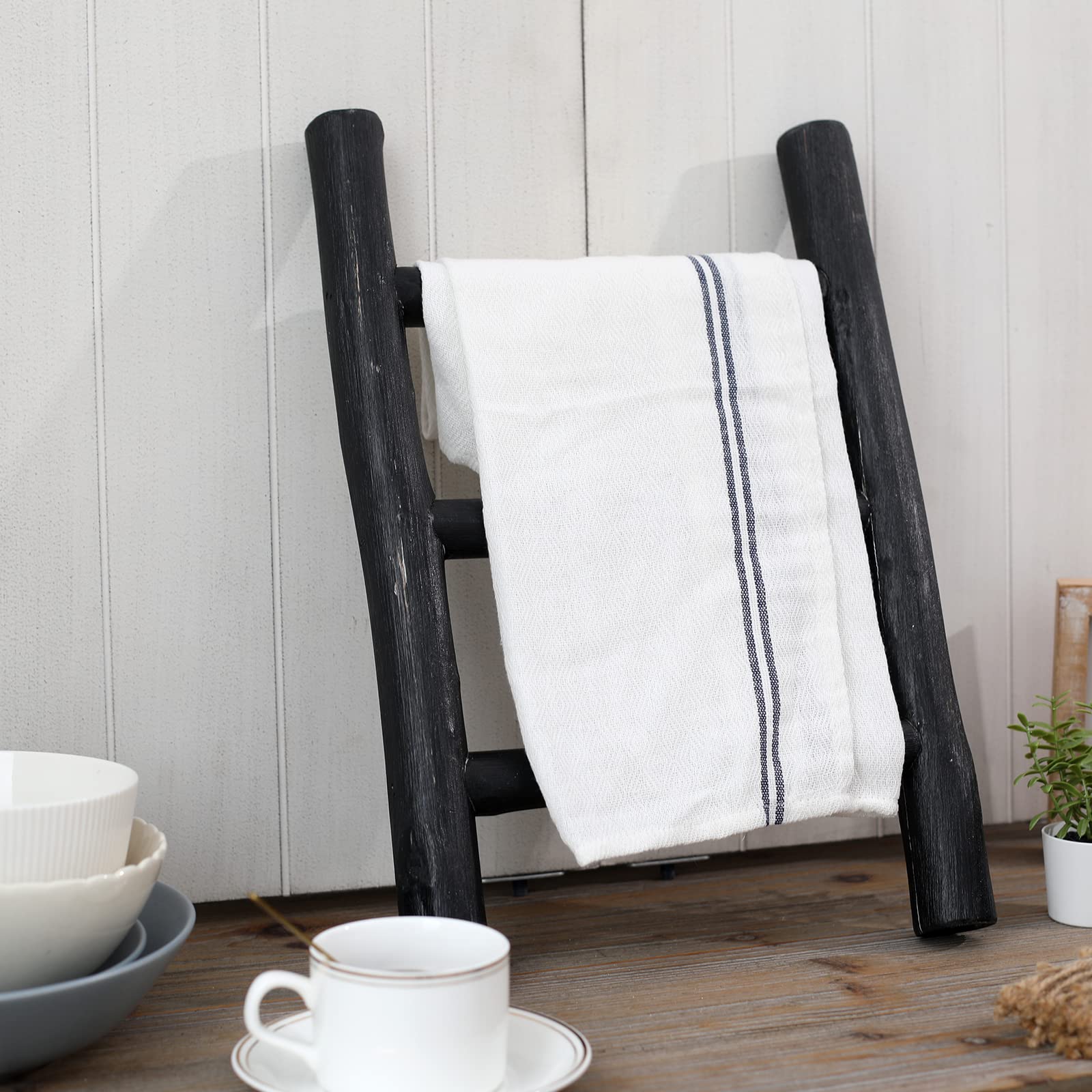 FUIN 57in Wood Blanket Ladder Living Room Decorative Wall Leaning Farmhouse Quilt Display Holder Rustic Wooden Towel Rack for Bathroom, Black