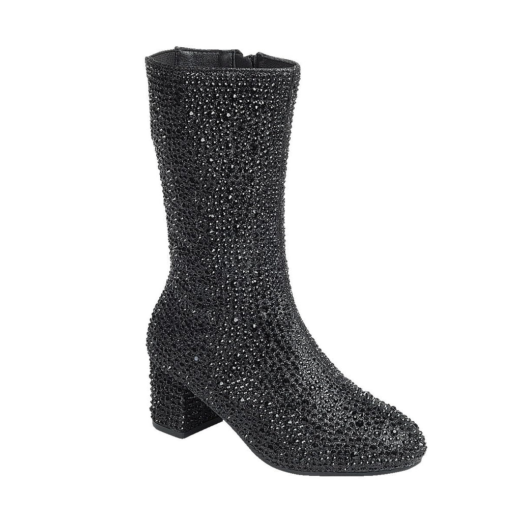 ABSOLEX Girl's Rhinestone Round Toe Knee High Chunky Low Heel Boot