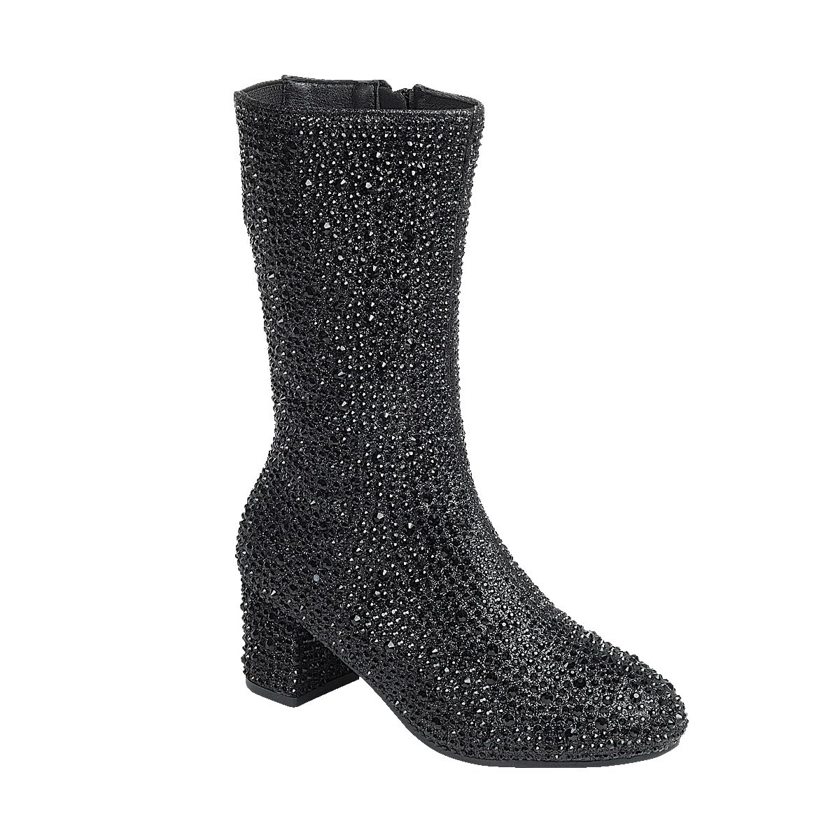 ABSOLEX Girl's Rhinestone Round Toe Knee High Chunky Low Heel Boot