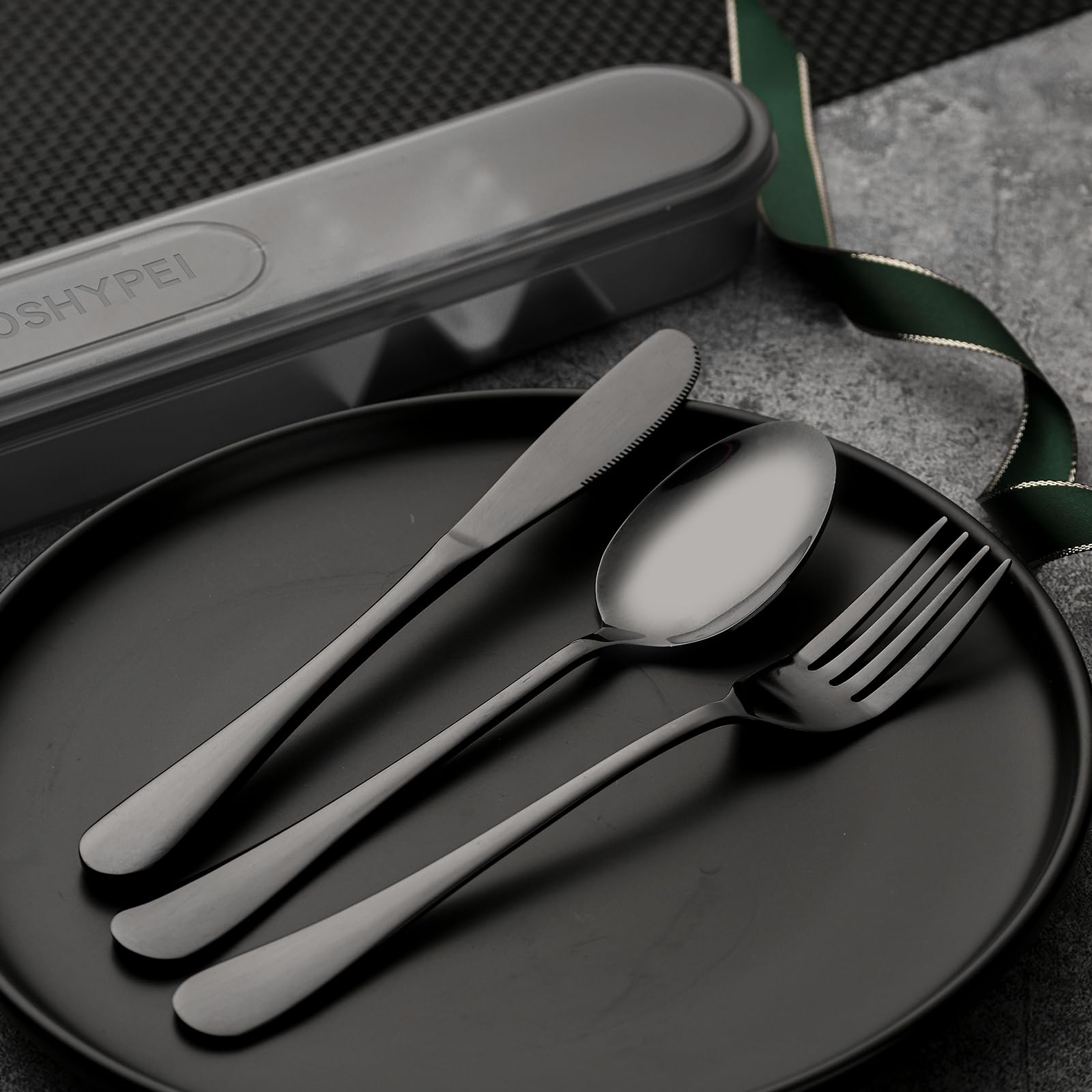 SAOSHYPEI 4-Piece Portable Utensils Set with Travel Case, Reusable Food-Grade Stainless Steel Silverware (Knife, Fork, Spoon), Dishwasher Safe Flatware for Camping, Work Lunch & Picnic, Black