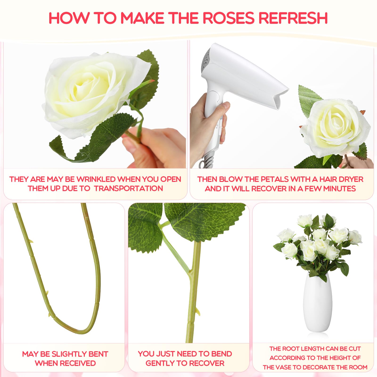 Jexine 100 Pieces Artificial Roses Flowers Bulk, Long Stem Realistic Fake Silk Roses Bouquet for Table Centerpiece Vases Wedding Party Kitchen Decor(Beige)