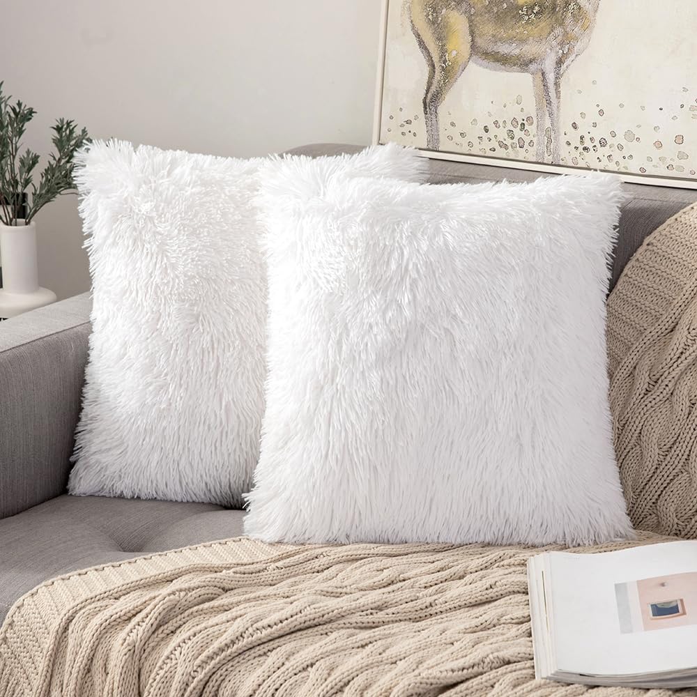 ANRODUO Pack of 2 Baby Pink Throw Pillow Covers Luxury Fluffy Pillows Faux Fur Decorative Pillows Plush Cushion Case Fuzzy Mongolian Merin Style for Bed Couch Sofa Living Room Summer Decor 16x16 Inch